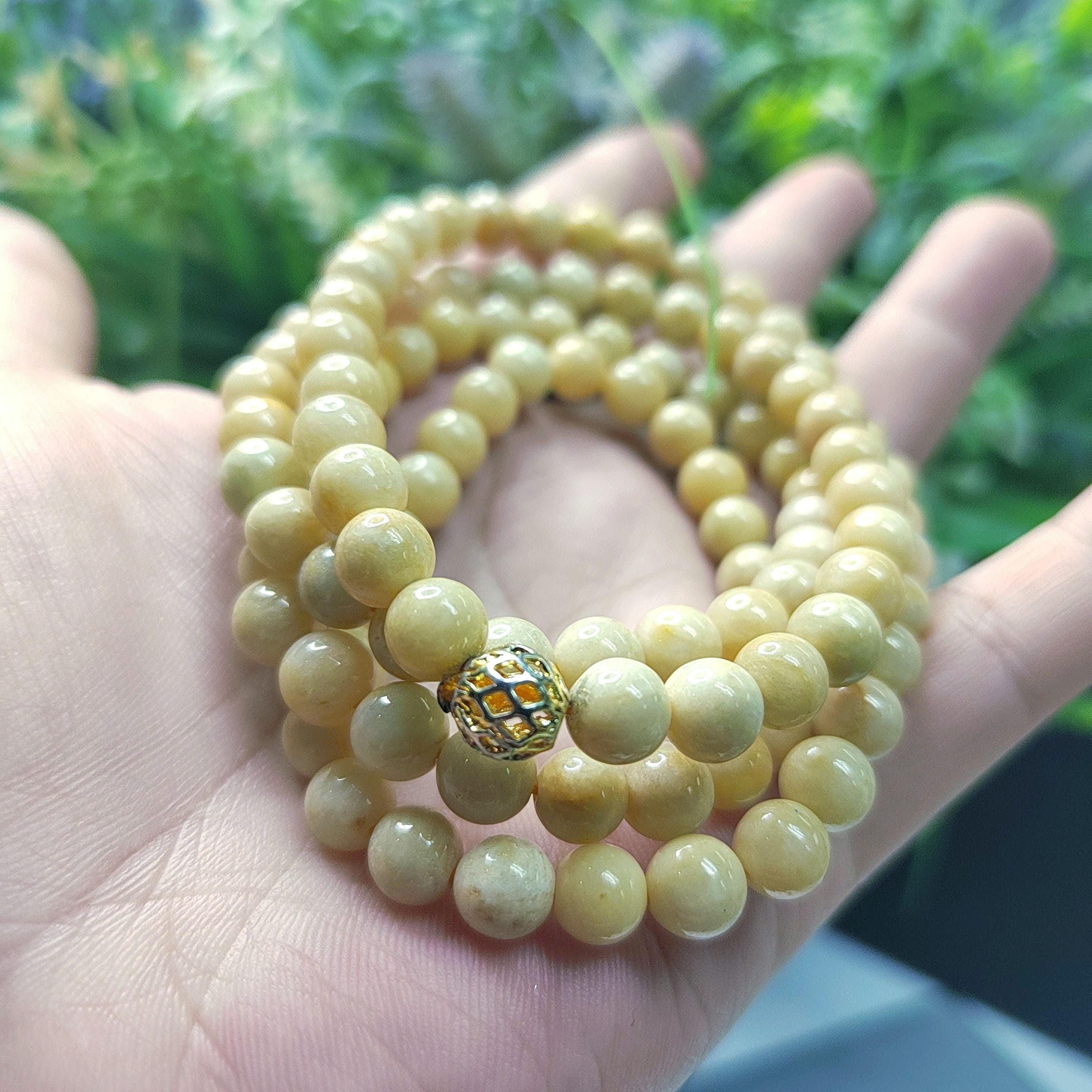 Certified A-Grade Natural Untreated Burmese Creamy Yellow Beads 77cm Long Jadeite Necklaces 7mm SL365A