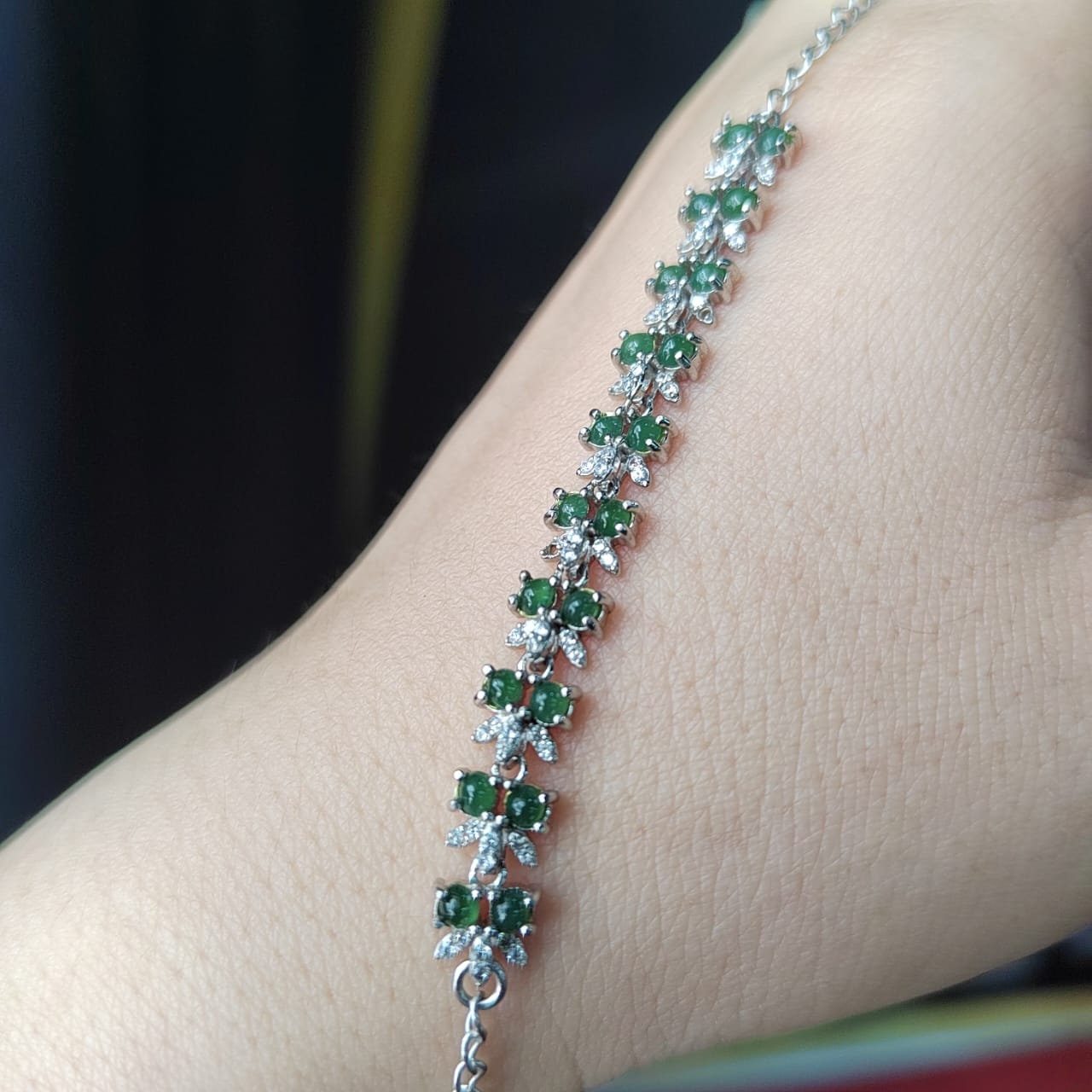 A-Grade Guatemala Small Icy Green Jadeite Beads with Zirconia Stones "Butterflies" on 925 Silver Bracelet SL029