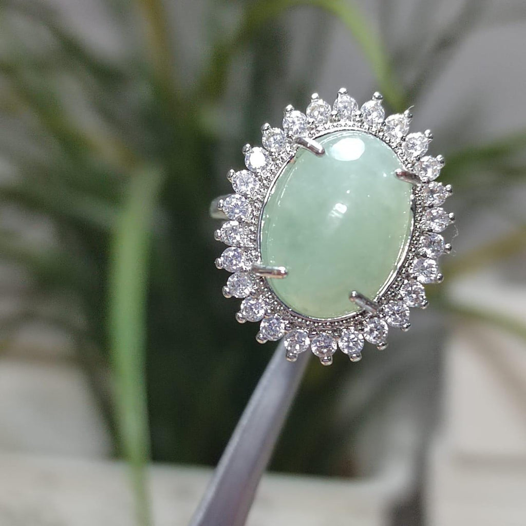 Burmese Gemstone Creamy Green Jadeite Ring | Zircon Accent | S925 Plated with 18K White Gold SL086