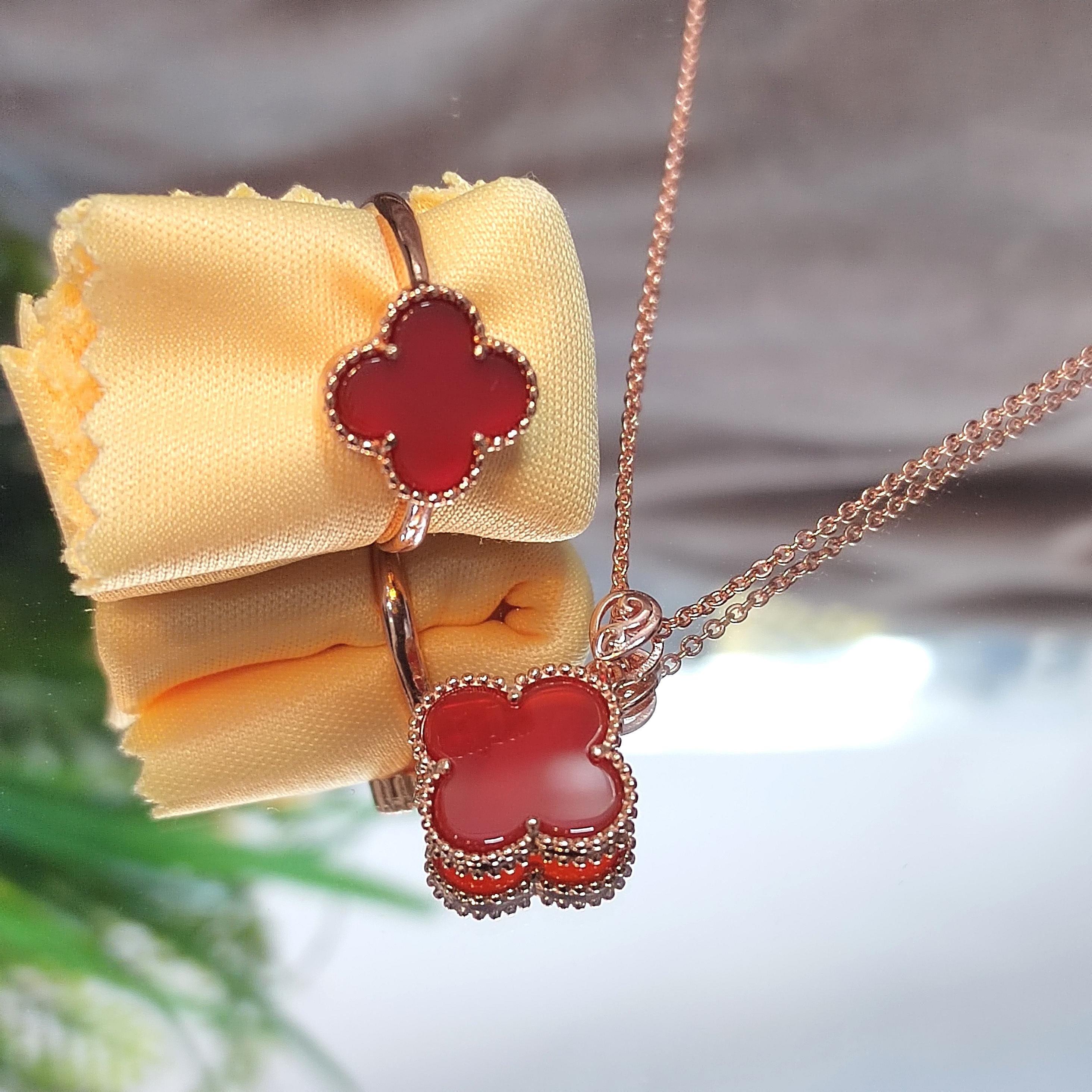 2pcs Set Lucky Flower Natural Red Nanhong Agate Rose Gold Plated on S925 Sterling Silver Ring and Pendant/Chain SL164 南红玛瑙