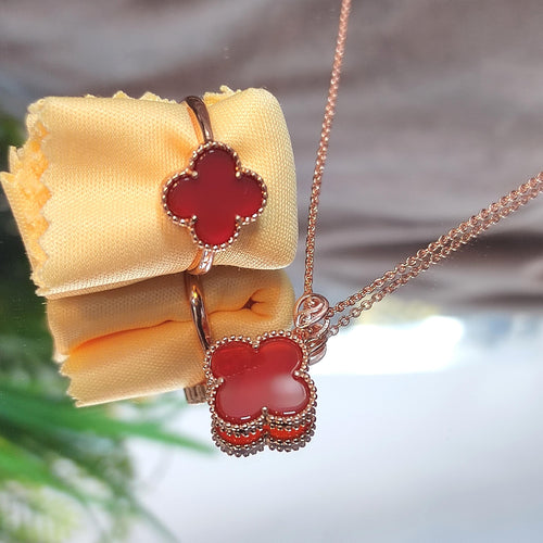 2pcs Set Lucky Flower Natural Red Nanhong Agate Rose Gold Plated on S925 Sterling Silver Ring and Pendant/Chain SL164 南红玛瑙 - SL Precious