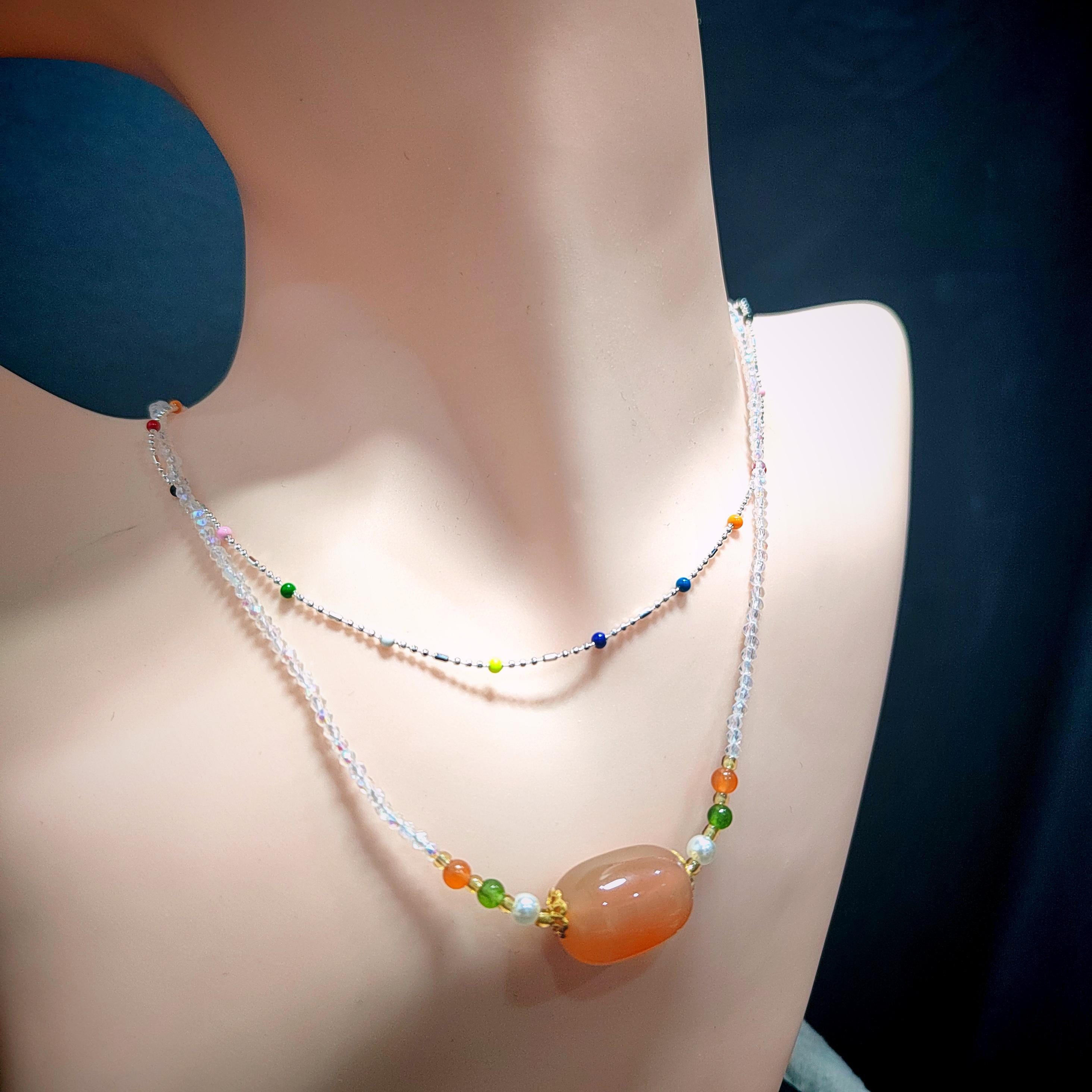 2pcs Set Natural Yanyuan Agate Clean Quartz Bead Necklaces & S9999 Pure Silver Colorful Beads Design SL299