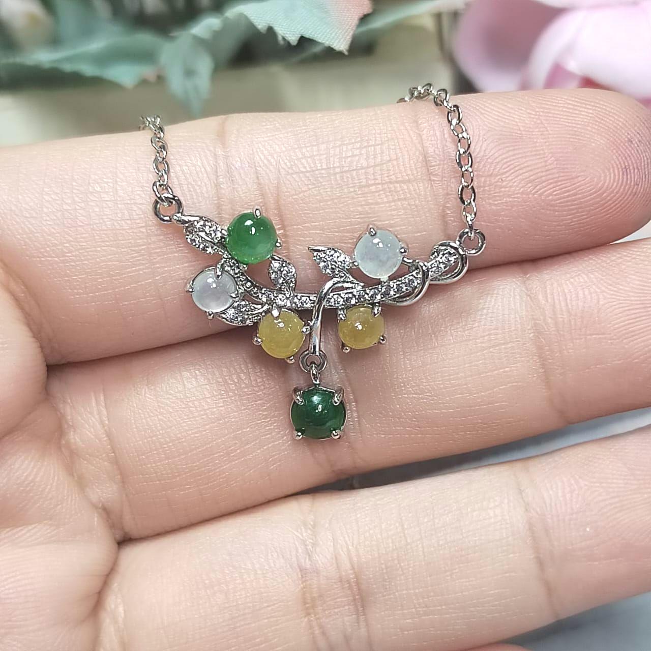 3 Colors Women Burmese Icy White, Yellow, Imperial Green Jadeite Necklace with Zircon Accent 925 Silver Plated with 18K White Gold SL082