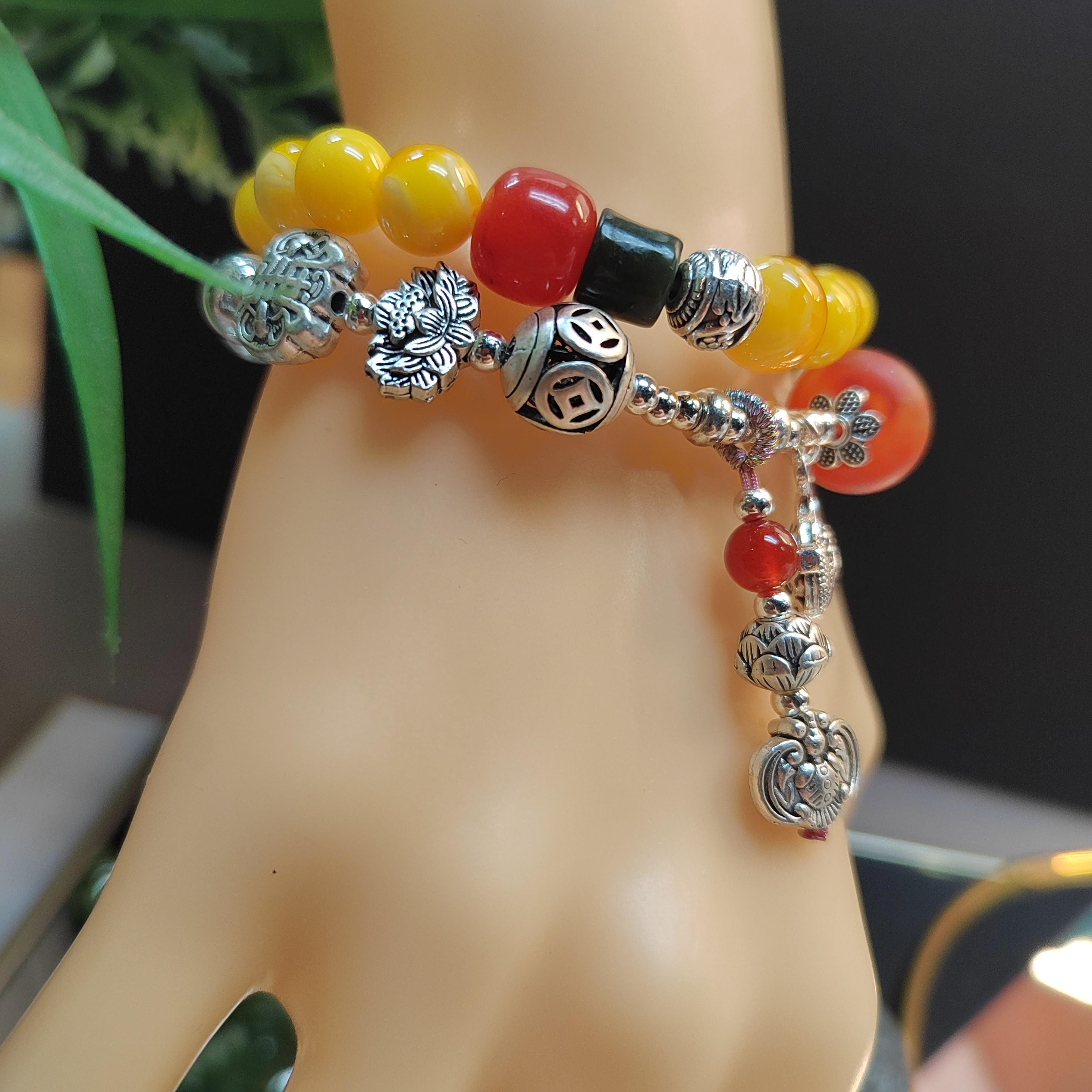 Handmade Russia Baltic Beeswax Amber Bead Bracelet with Nanhong Agate S999 Silver Bead Bracelet 2pcs Set SL344 - SL Precious