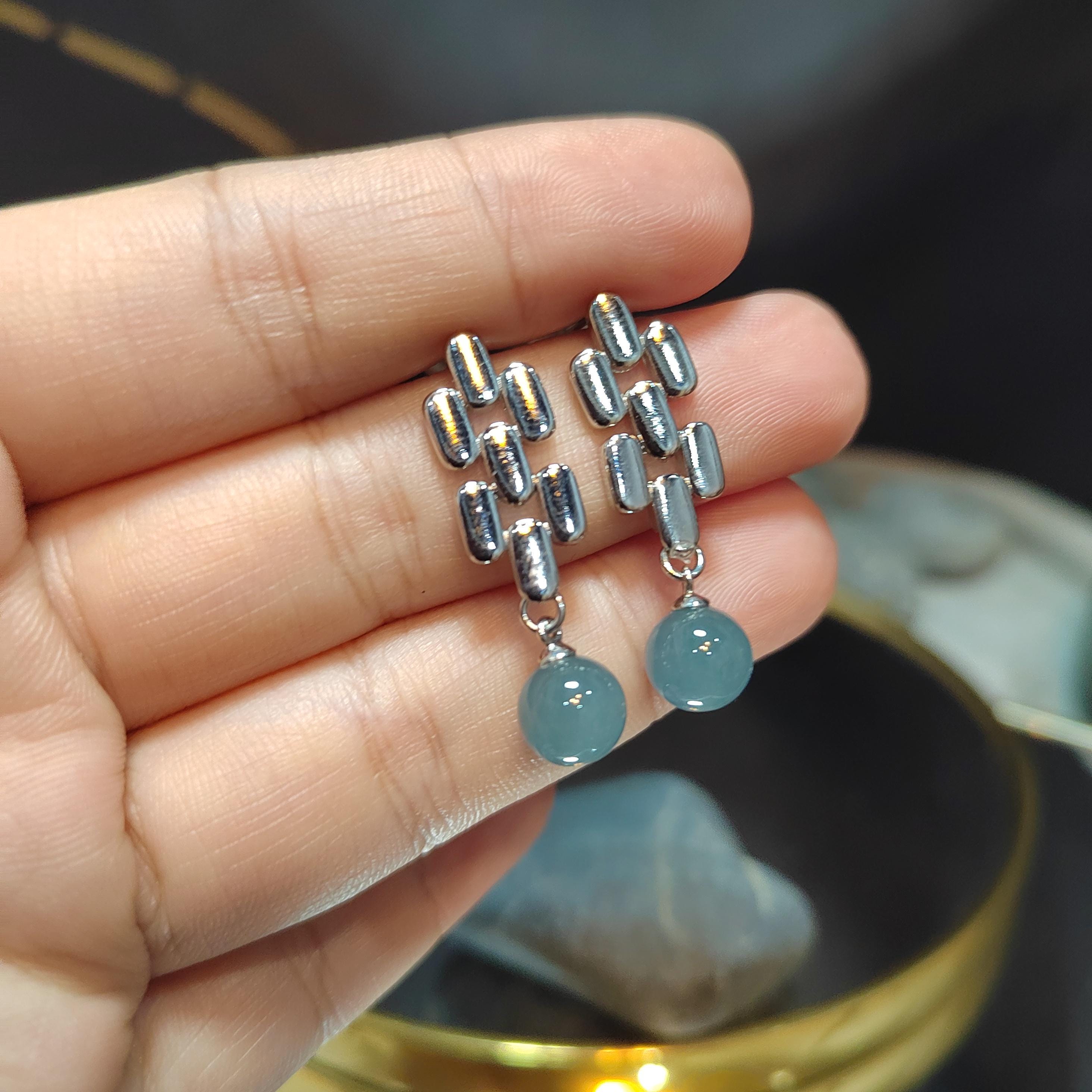 Certified Natural Guatemala Blue Ocean Beautiful Jadeite Earrings S925 Sterling Silver SL199