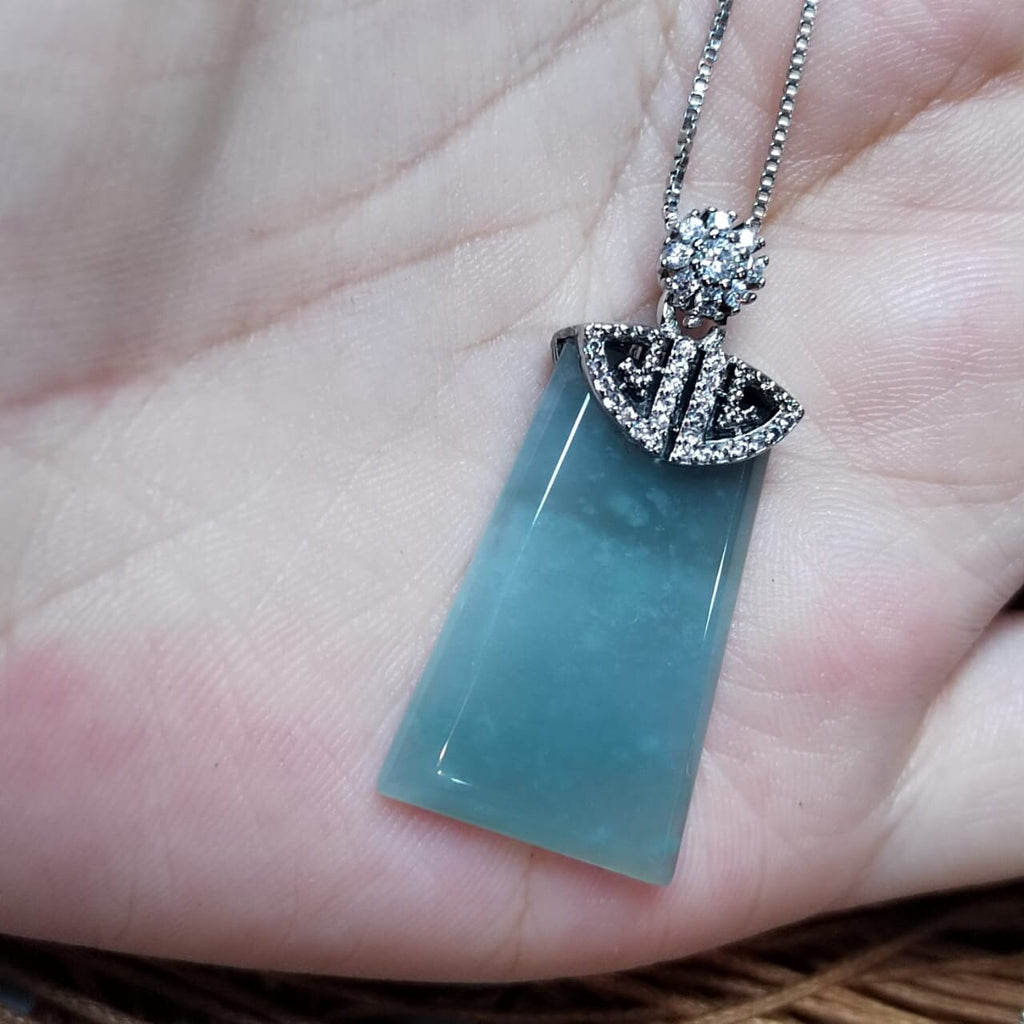 Guatemala Icy White Green Blue Sky Trapezoid Jadeite Pendant | A-Grade Natural | Women & Men | Zirconia Accents SL041 - SL Precious