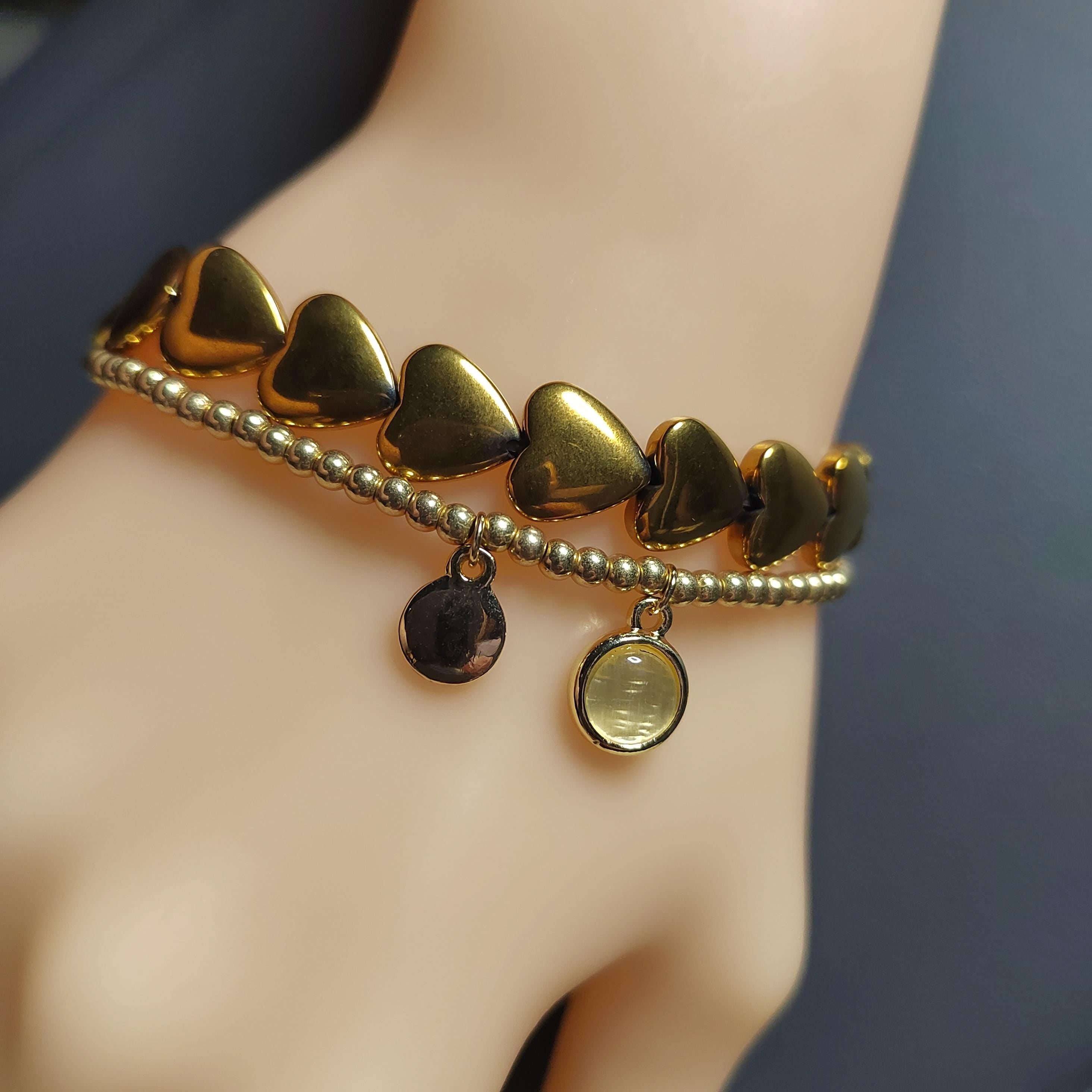 Double Layer Fashion Design Natural Pyrite Love Shape Bead, Gold/Silver Bead Bracelet SL162G SL163S - SL Precious