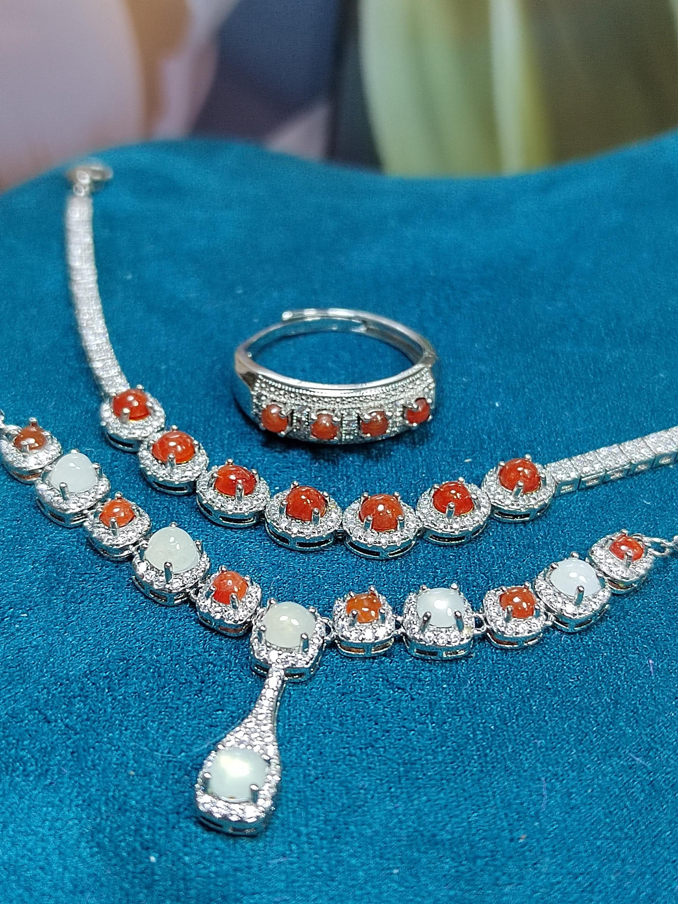 Women 3 pcs Set Necklaces, Bracelets, Ring  Elegant Burmese A Grade Red/white Icy Natural Jadeite Zirconia Stone S925 Silver For Her SL131 - SL Precious