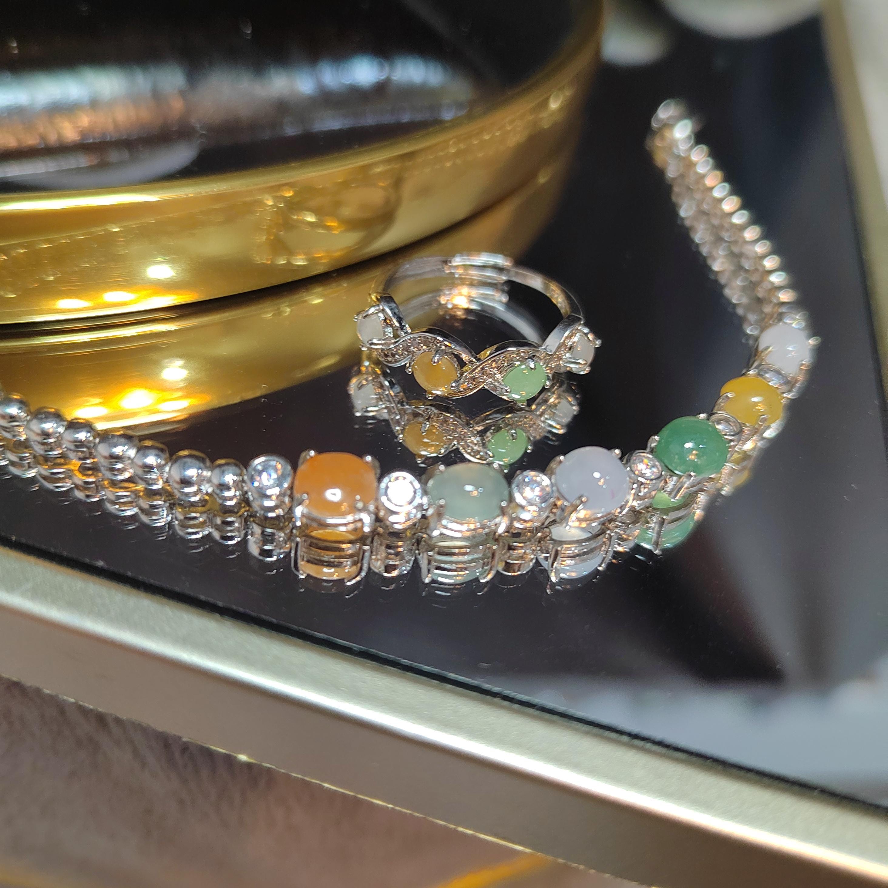 Burmese Gemstone Lucky Color Natural Jadeite Bracelet & Ring Set 925 Silver Plated with 18K White Gold Zircon Accent For Her Minimalist SL08