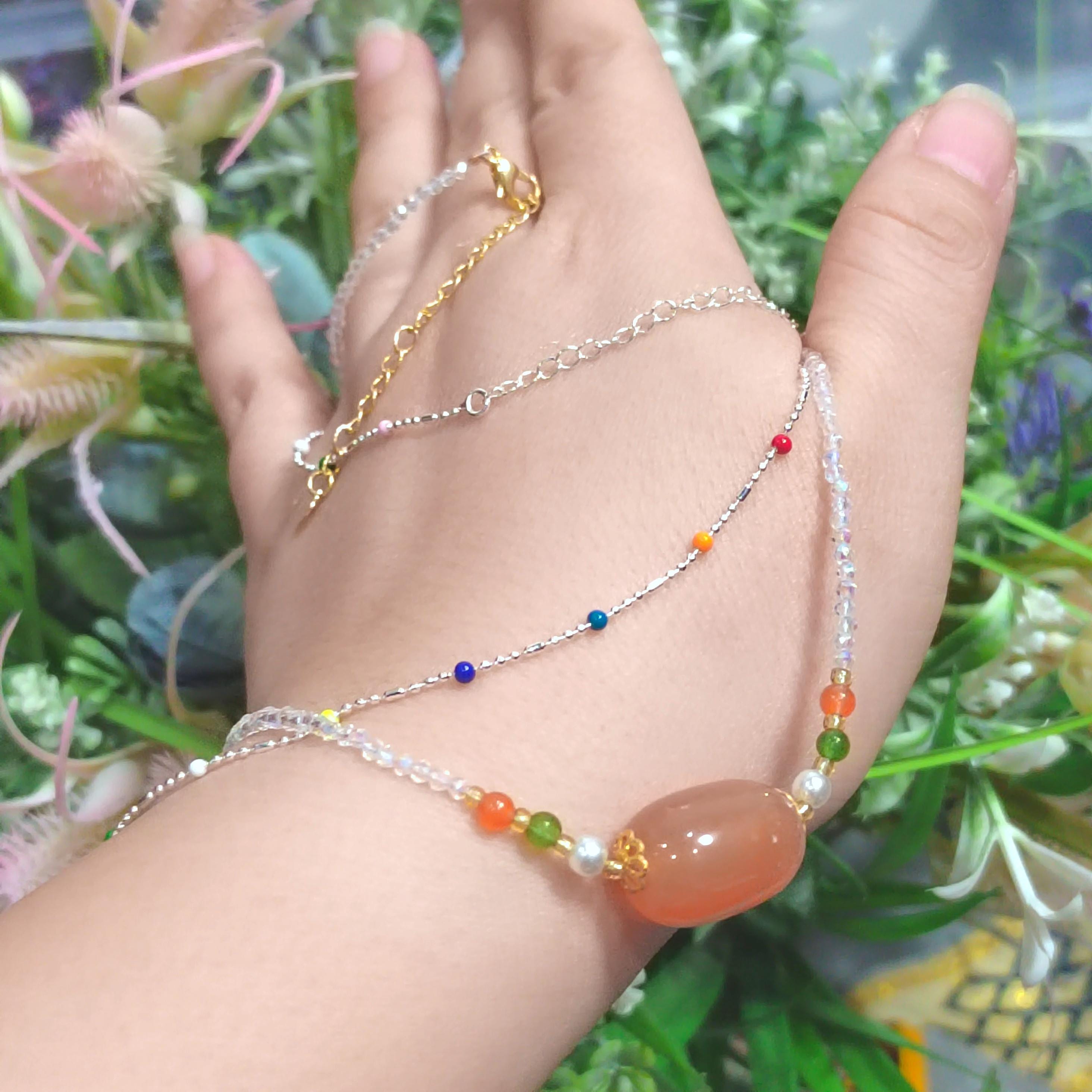 2pcs Set Natural Yanyuan Agate Clean Quartz Bead Necklaces & S9999 Pure Silver Colorful Beads Design SL299