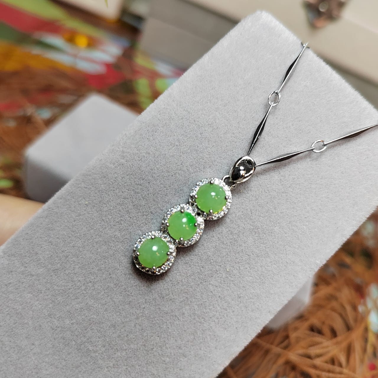 Burmese Jadeite Pendant on 925 Silver Chain - Glowing Trinity Design with Zirconia Accent SL038