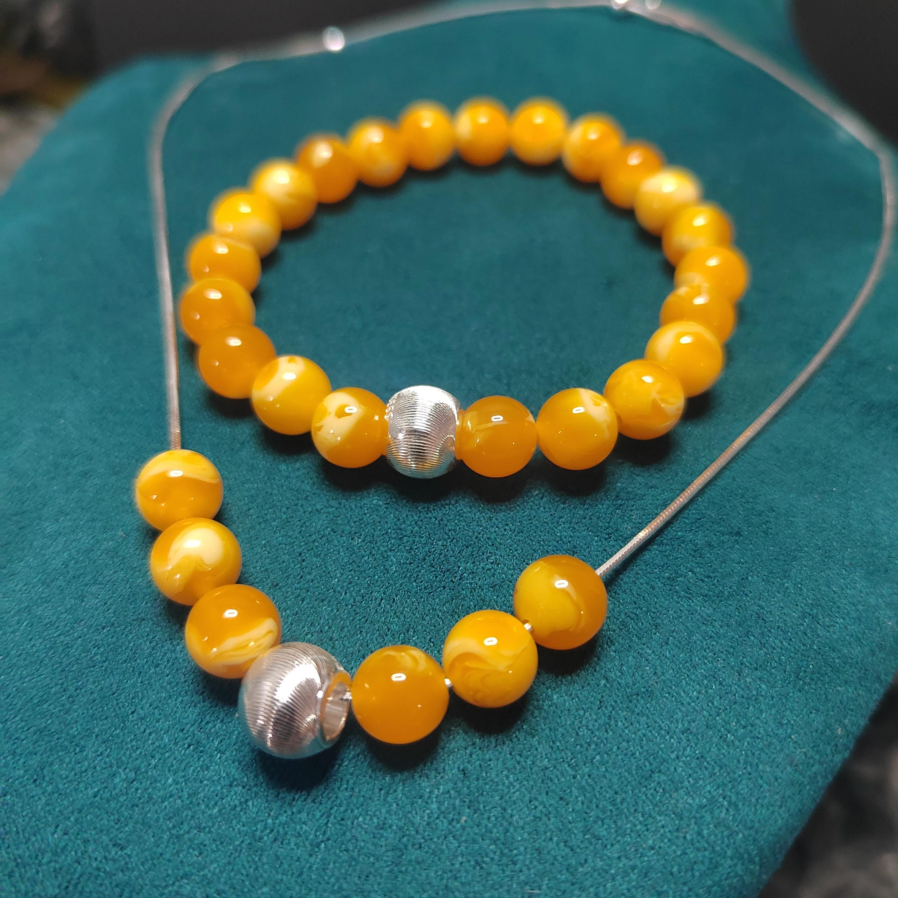2pcs Set | Natural Russian Beeswax Amber Bead Bracelet & Necklace | Handmade Minimalist Jewelry SL329