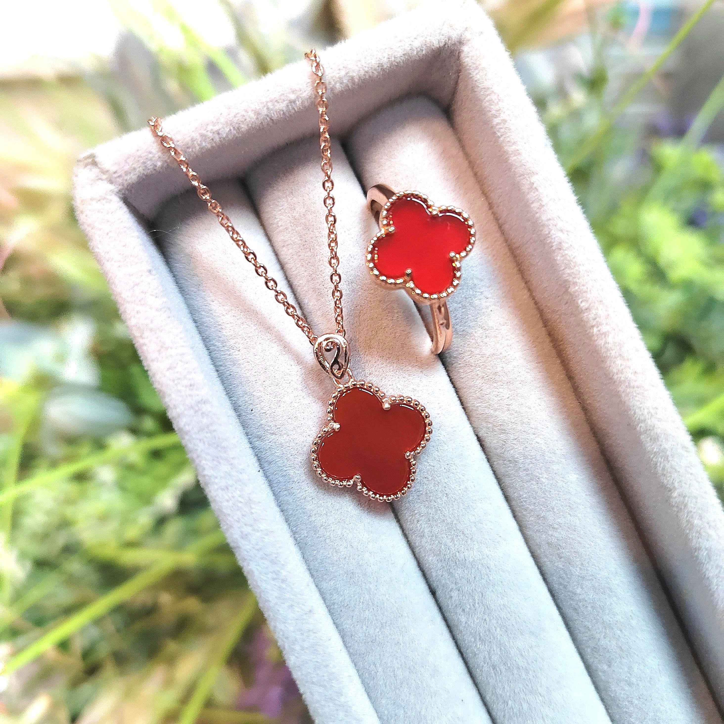 2pcs Set Lucky Flower Natural Red Nanhong Agate Rose Gold Plated on S925 Sterling Silver Ring and Pendant/Chain SL164 南红玛瑙