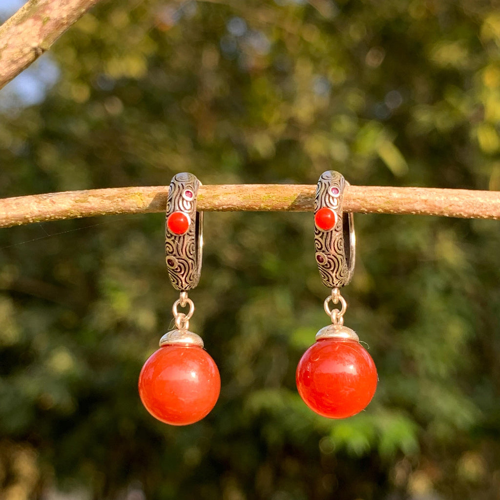 Elegant S925 Silver Design Hoop/Dangle Earrings | Certified A-Grade Natural Baoshan Southern Red Nanhong Agate SL256X15 - SL Precious