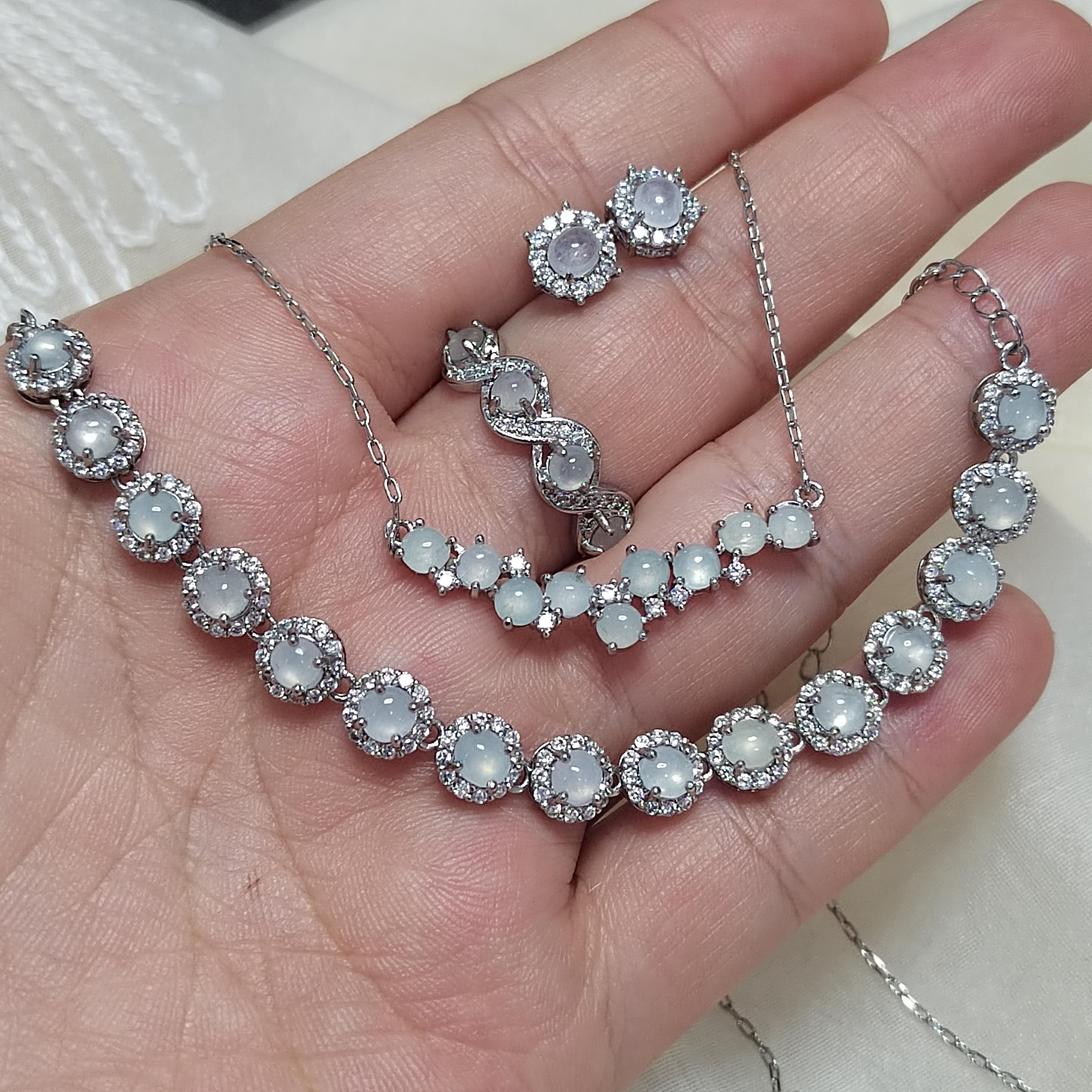 4pcs Set Women Burmese Gemstone A Grade Natural Untreated White Icy Zirconia Jadeite Earrings, Ring, Necklace, Bracelets SL130