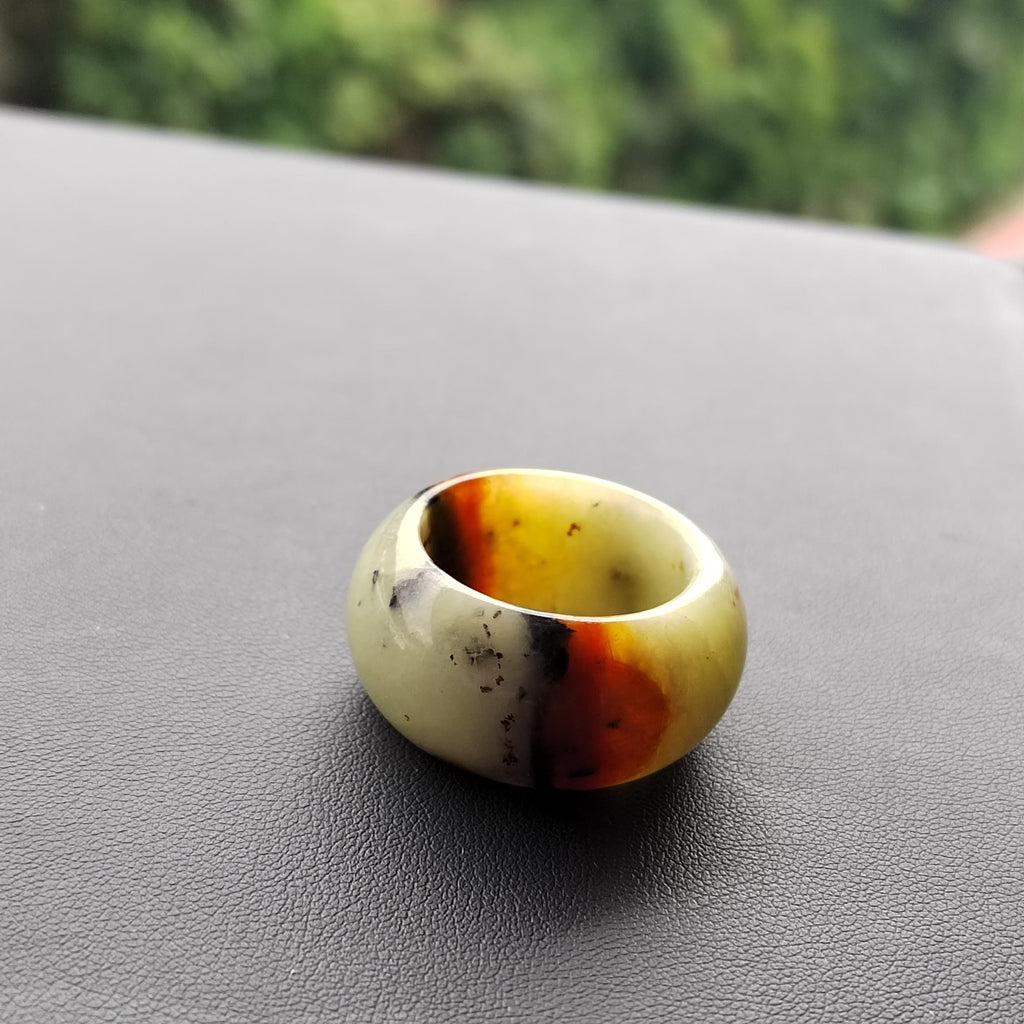 Natural China Xiuyu Jade Thumb Ring | Round Cut Oil Painting Design | Yellow Brown | Two Designs SL302 SL303 SL Precious