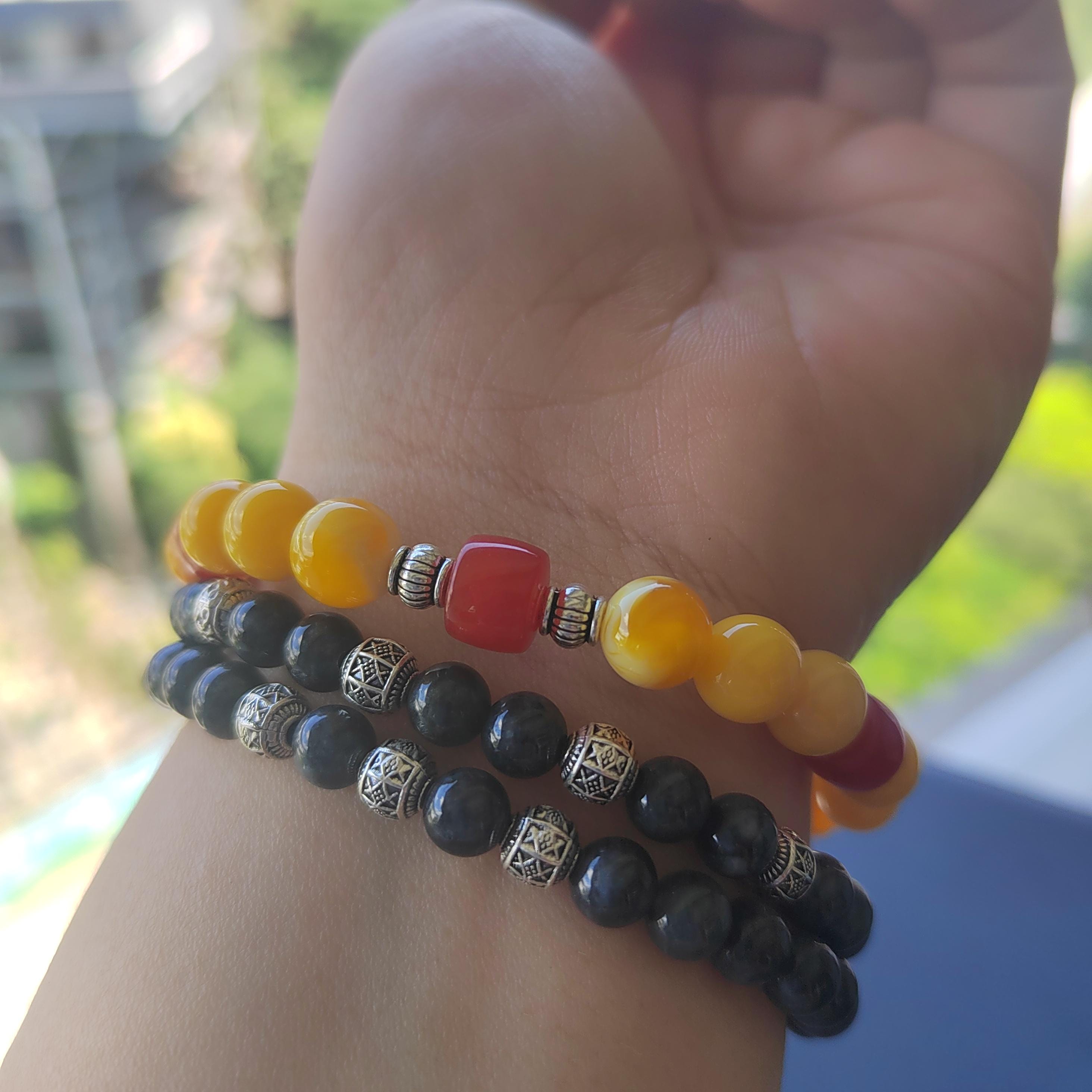 Natural Handmade Russian Baltic Beeswax Amber & China Southern Nanhong Agate S999 Pure Silver Bead Bracelet - Gifts for Her SL328
