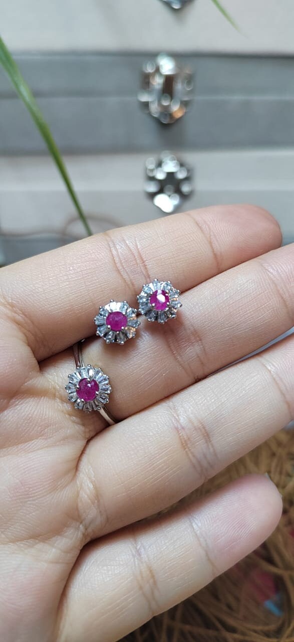 Untreated Natural Mogok Burmese Ruby with Zirconia Accent S925 Silver Earring & Ring Set SL055