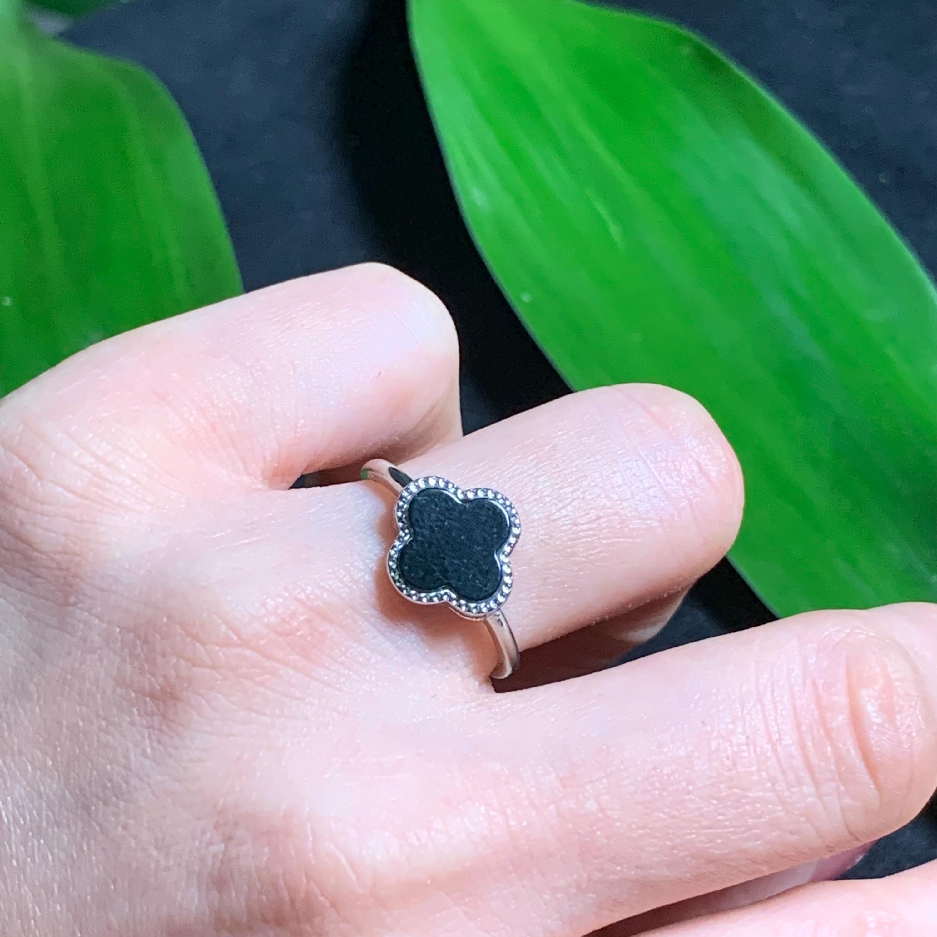 Certified Minimalist A-Grade Natural Untreated Burmese Black Ink Jadeite S925 Sterling Silver Lucky Flower Ring For Her SL255X14 - SL Precious