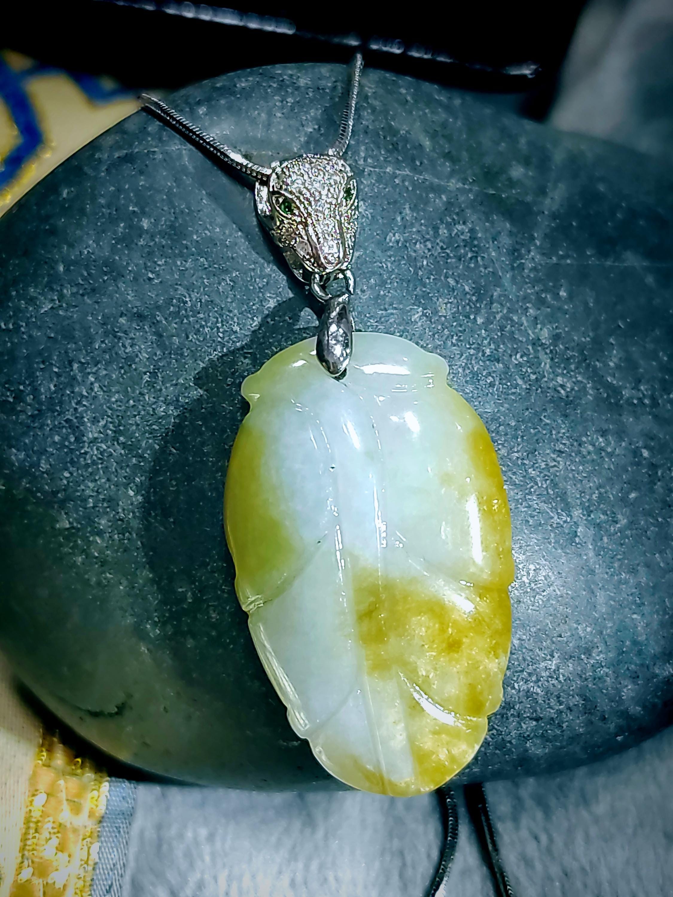 Luxurious Yellow Jadeite Leaf Pendant - Exquisite Panther Bail, 925 Sterling Silver Plated with 18K White Gold SL8000 - SL Precious