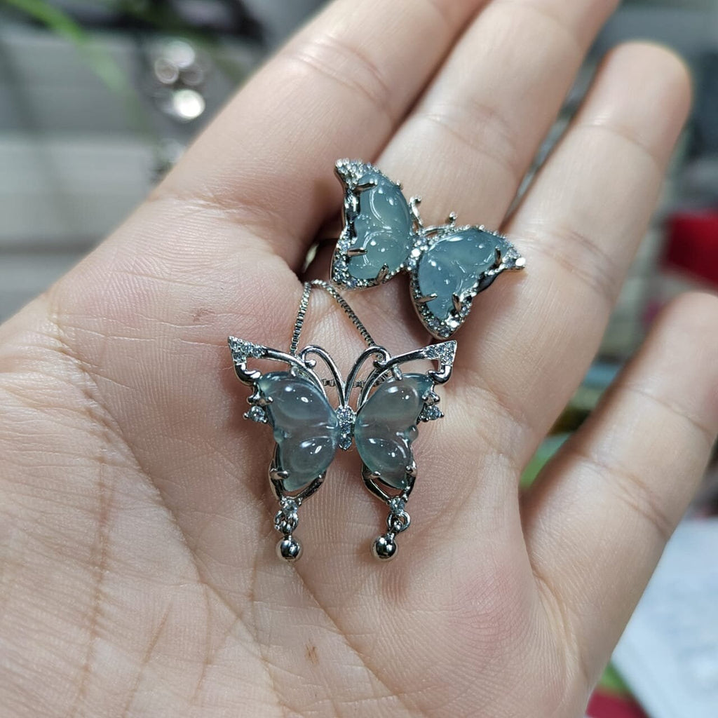 Natural Untreated Guatemala A-Grade Ring & Necklace Set Guatemala Natural Icy Ocean Blue Jadeite "Butterfly" Pendant on 18k White Gold Plate - SL Precious
