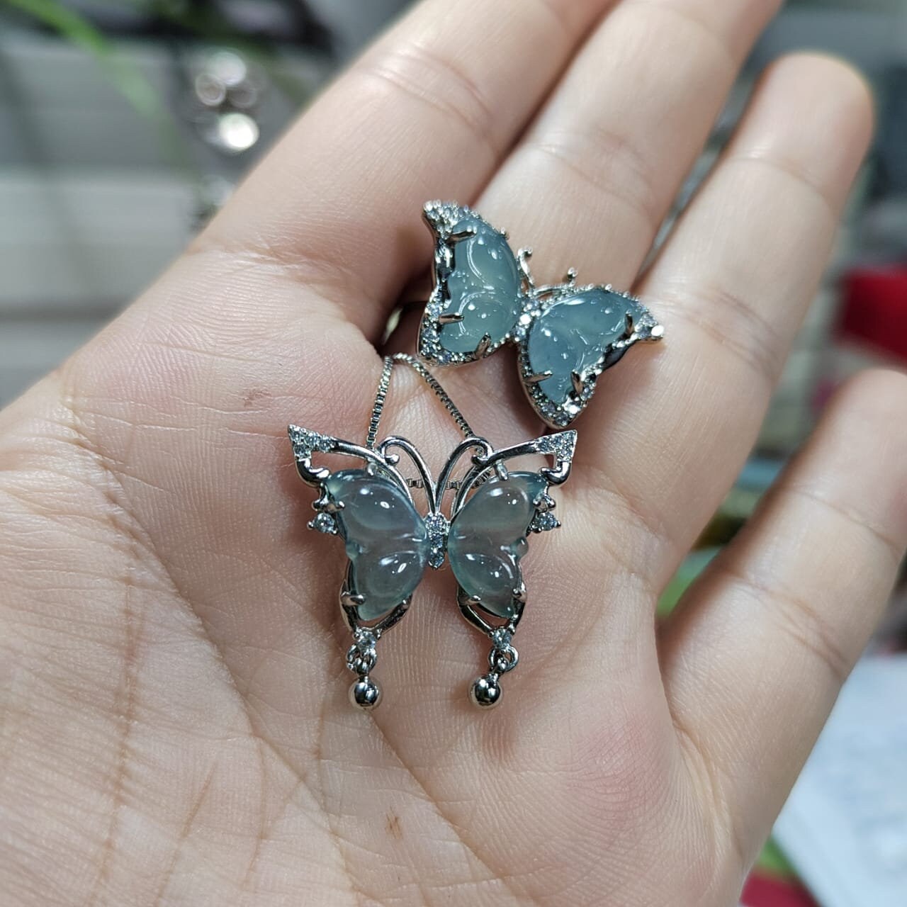 Natural Untreated Guatemala A-Grade Ring & Necklace Set Guatemala Natural Icy Ocean Blue Jadeite "Butterfly" Pendant on 18k White Gold Plate - SL Precious