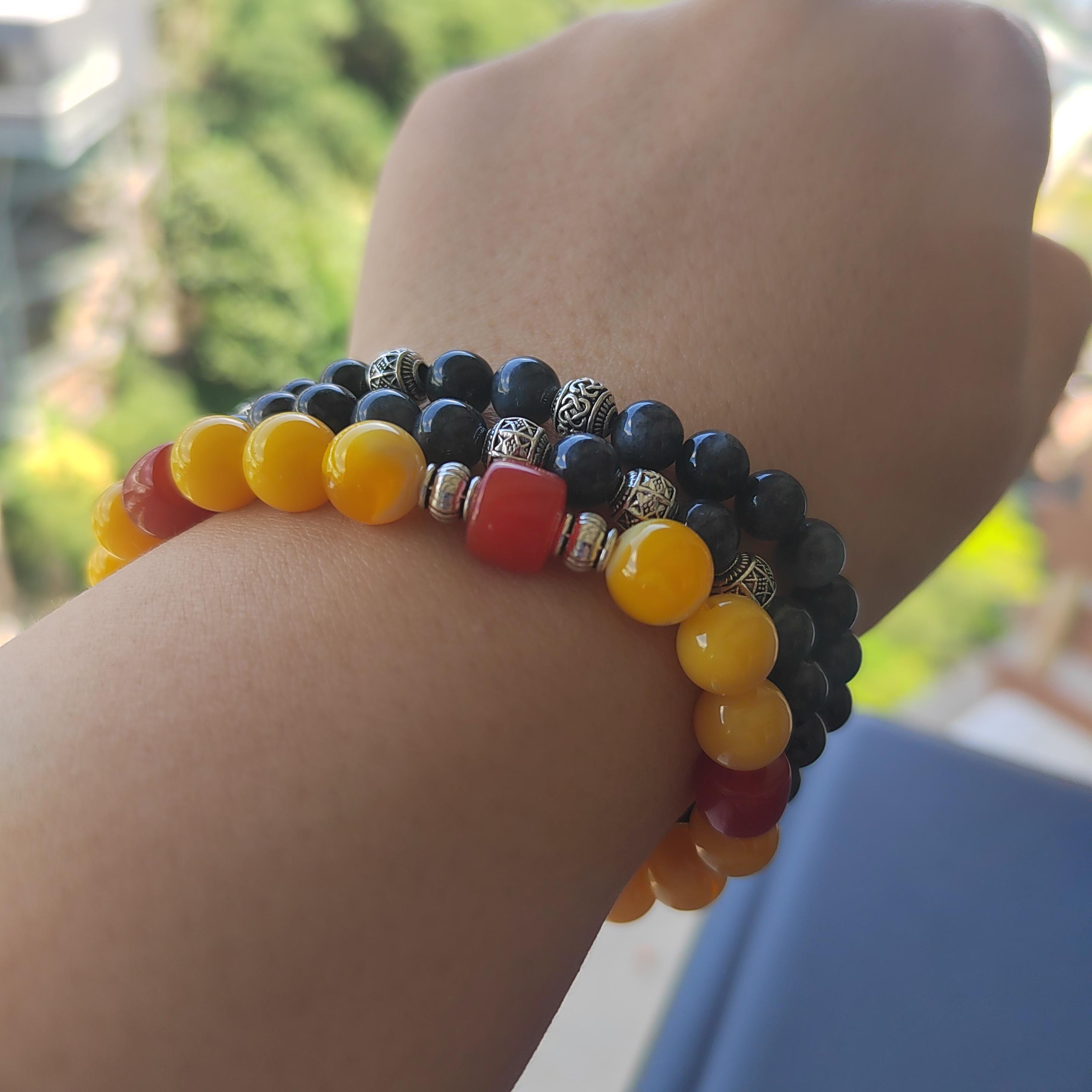 Natural Handmade Russian Baltic Beeswax Amber & China Southern Nanhong Agate S999 Pure Silver Bead Bracelet - Gifts for Her SL328