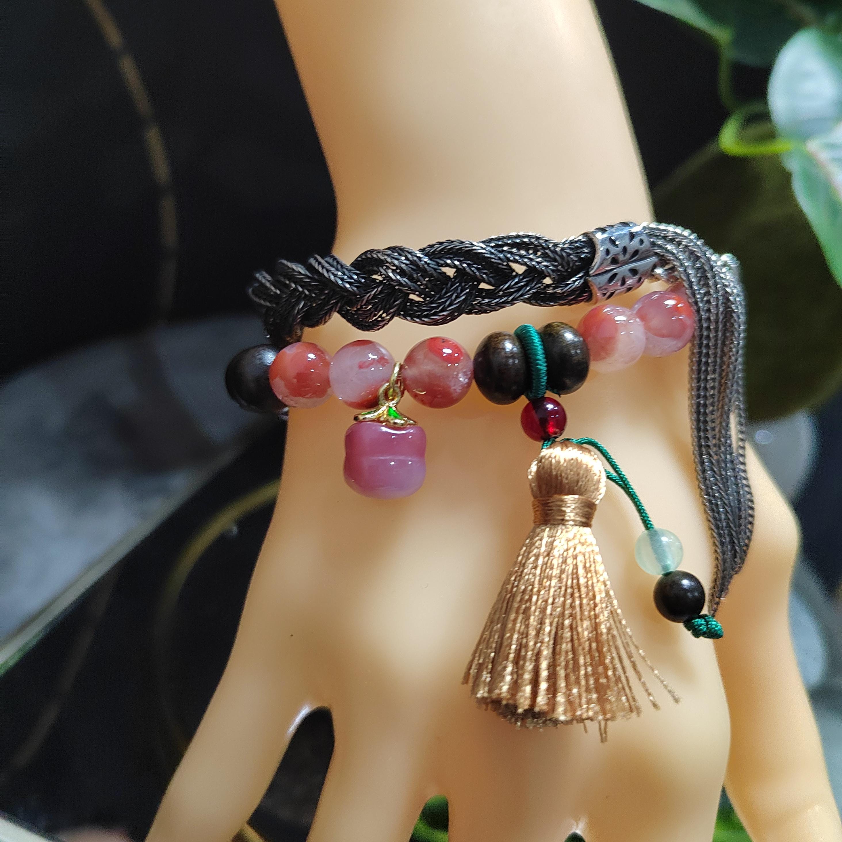 Certified Natural South Red Agate & Ebony Wood Twin Bracelet Set | Bodhi Seed Accents | 沉贵宝| 999 Silver Filled Vermeil SL392