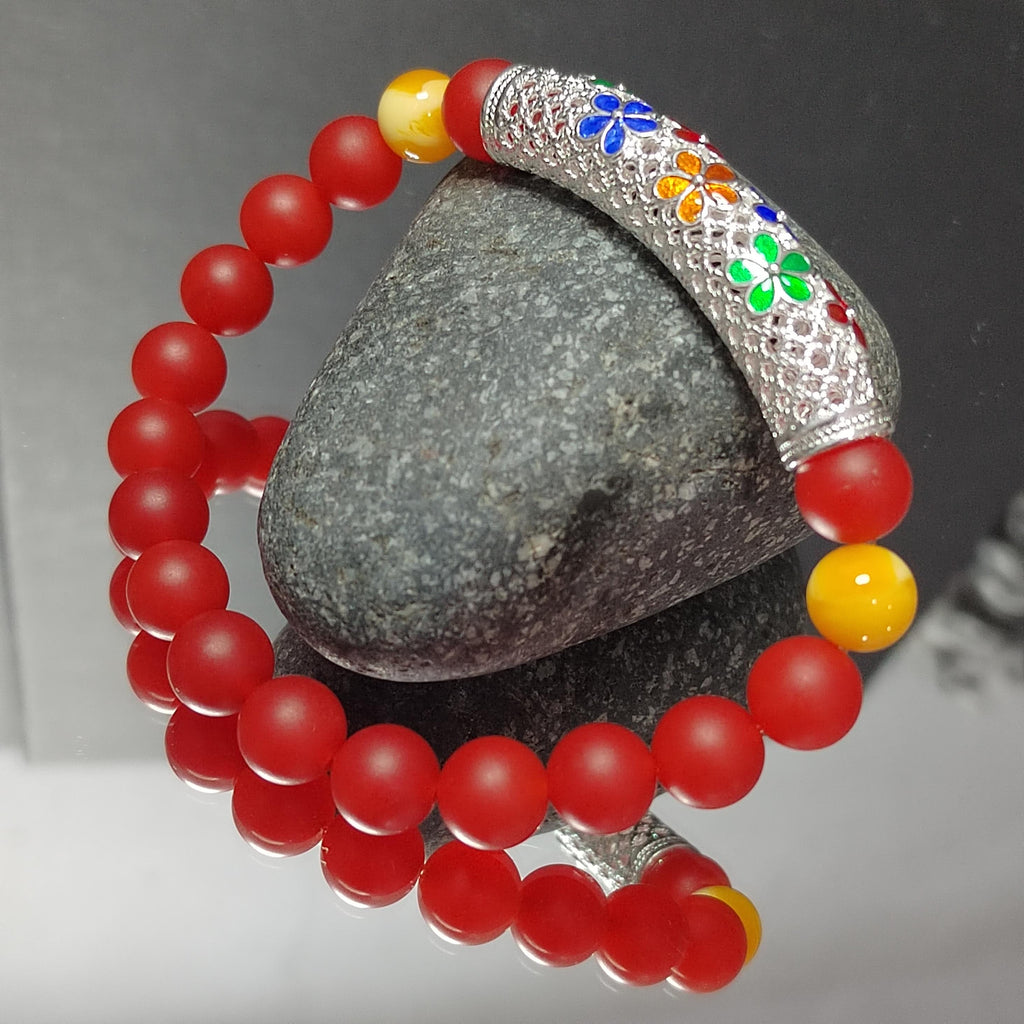 Natural Southern Nanhong Agate Matte, Russia Baltic Beeswax Amber, S9999 Silver Plated Tube Enamel Craftsmanship Bracelet SL334