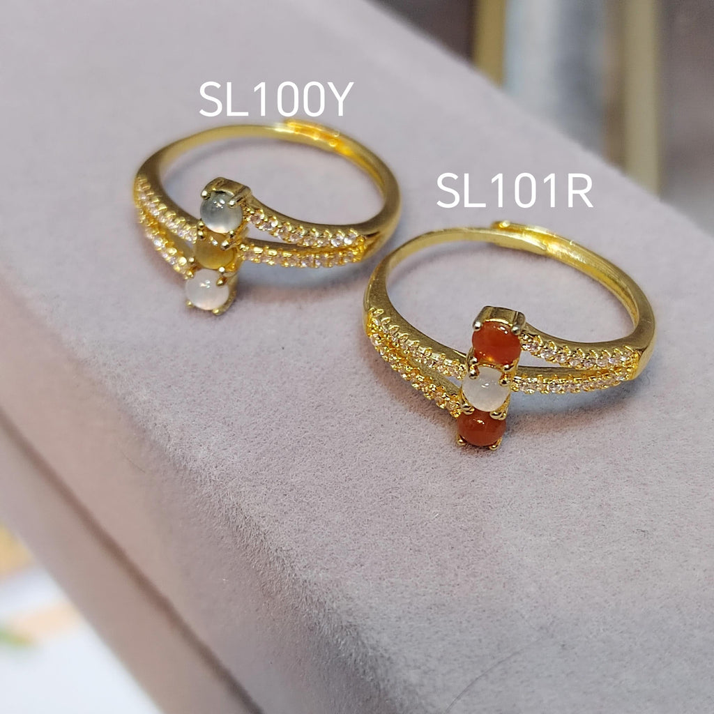 Burmese Natural Icy Jadeite Zircon Ring 18k Gold Plated S925 Minimalist Design For Her, 2 Design Red White & White Yellow SL140 SL141
