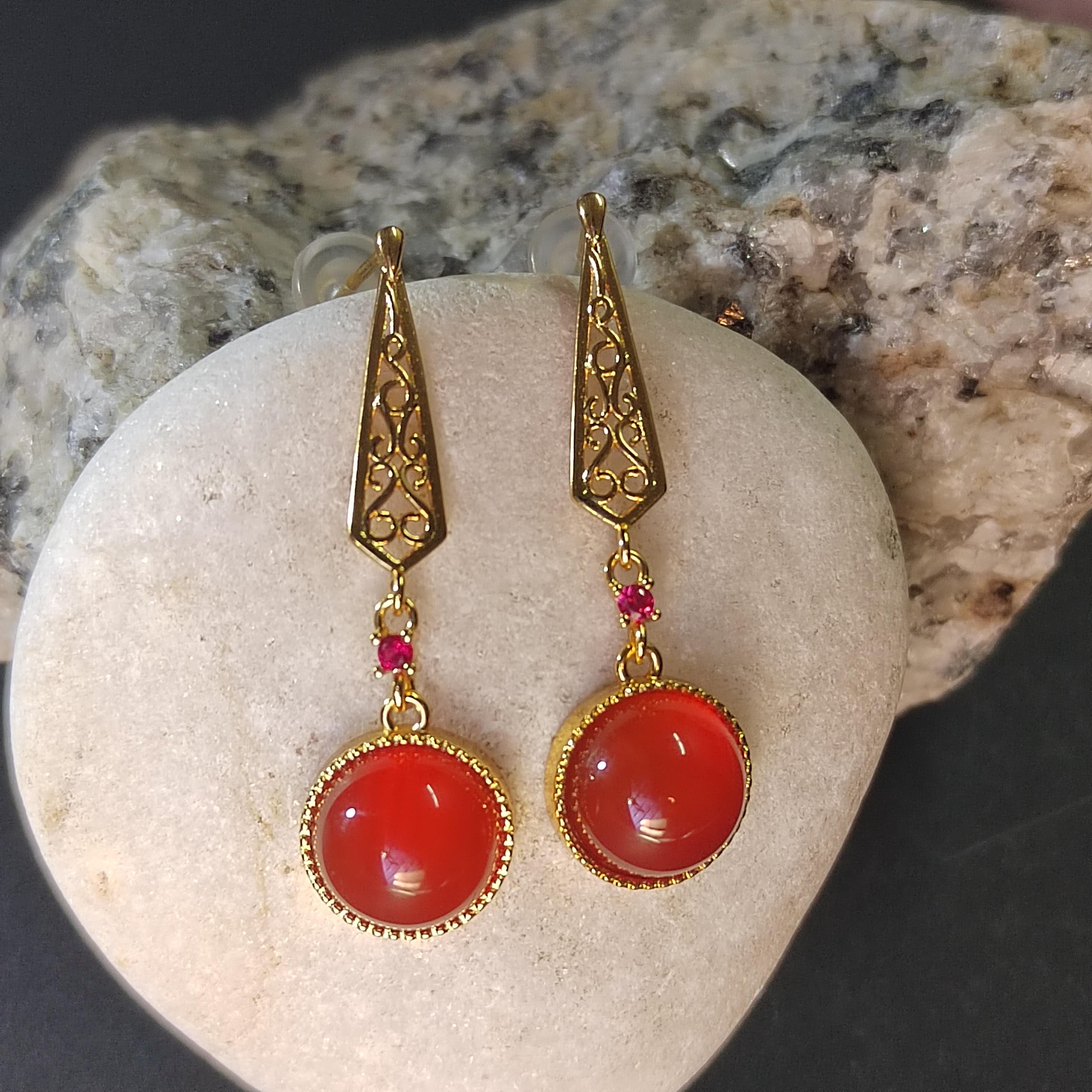 Certified Icy China Baoshan Southern Red Nanhong Agate S925 Silver Stud Dangle 中国风  古法掐丝工艺镶嵌  原矿南红冰红细长耳饰 SL261X20