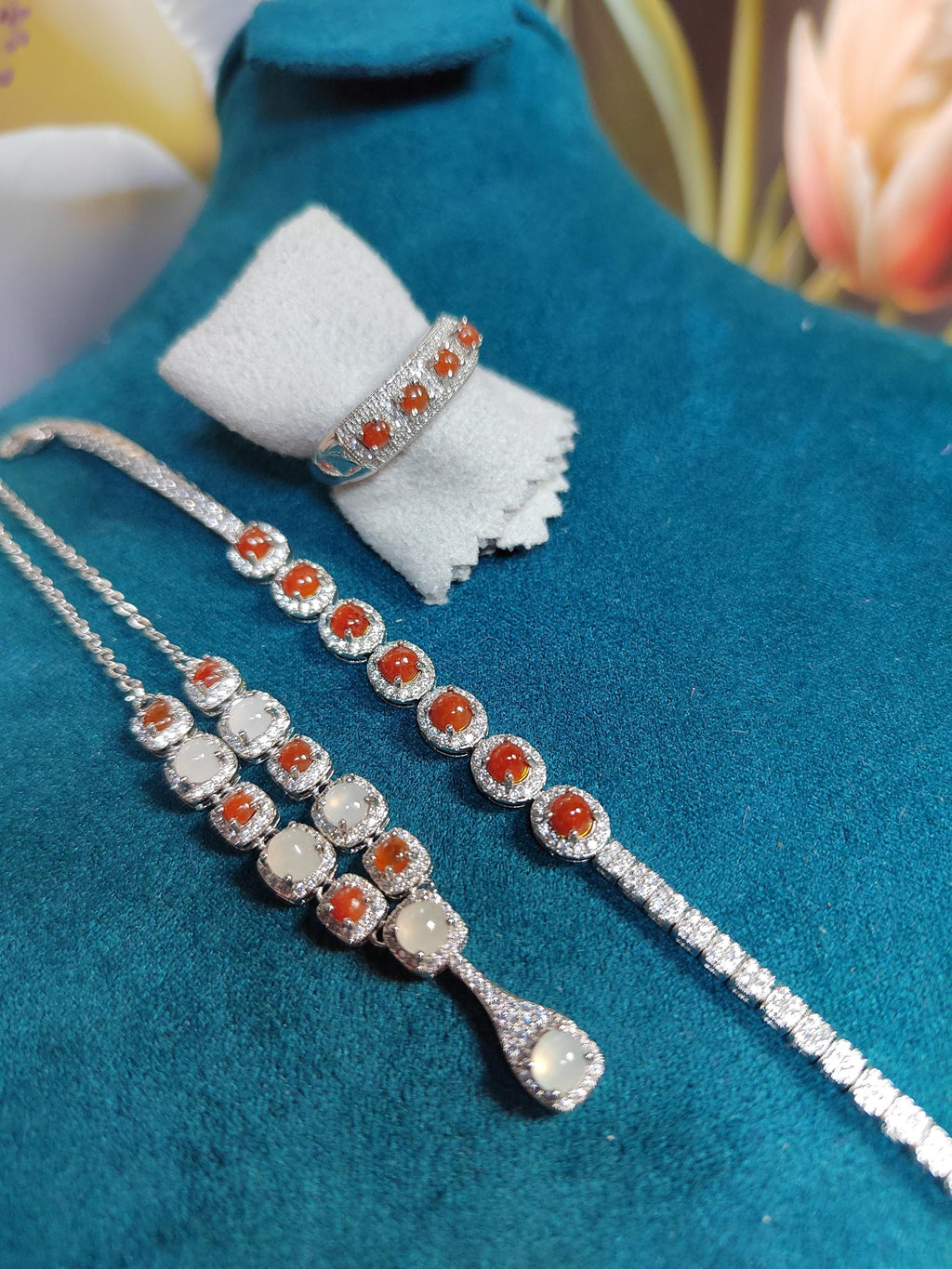 Women 3 pcs Set Necklaces, Bracelets, Ring  Elegant Burmese A Grade Red/white Icy Natural Jadeite Zirconia Stone S925 Silver For Her SL131 - SL Precious
