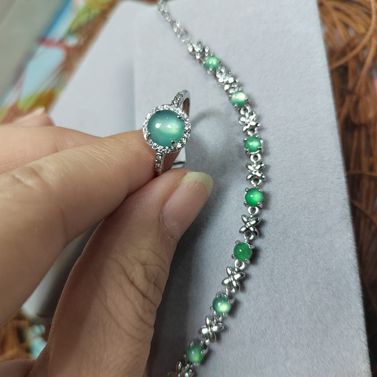 Certified A-Grade Glowing Light Effect Jadeite 925 Silver Ring & Bracelet Set | For Her SL035 - SL Precious