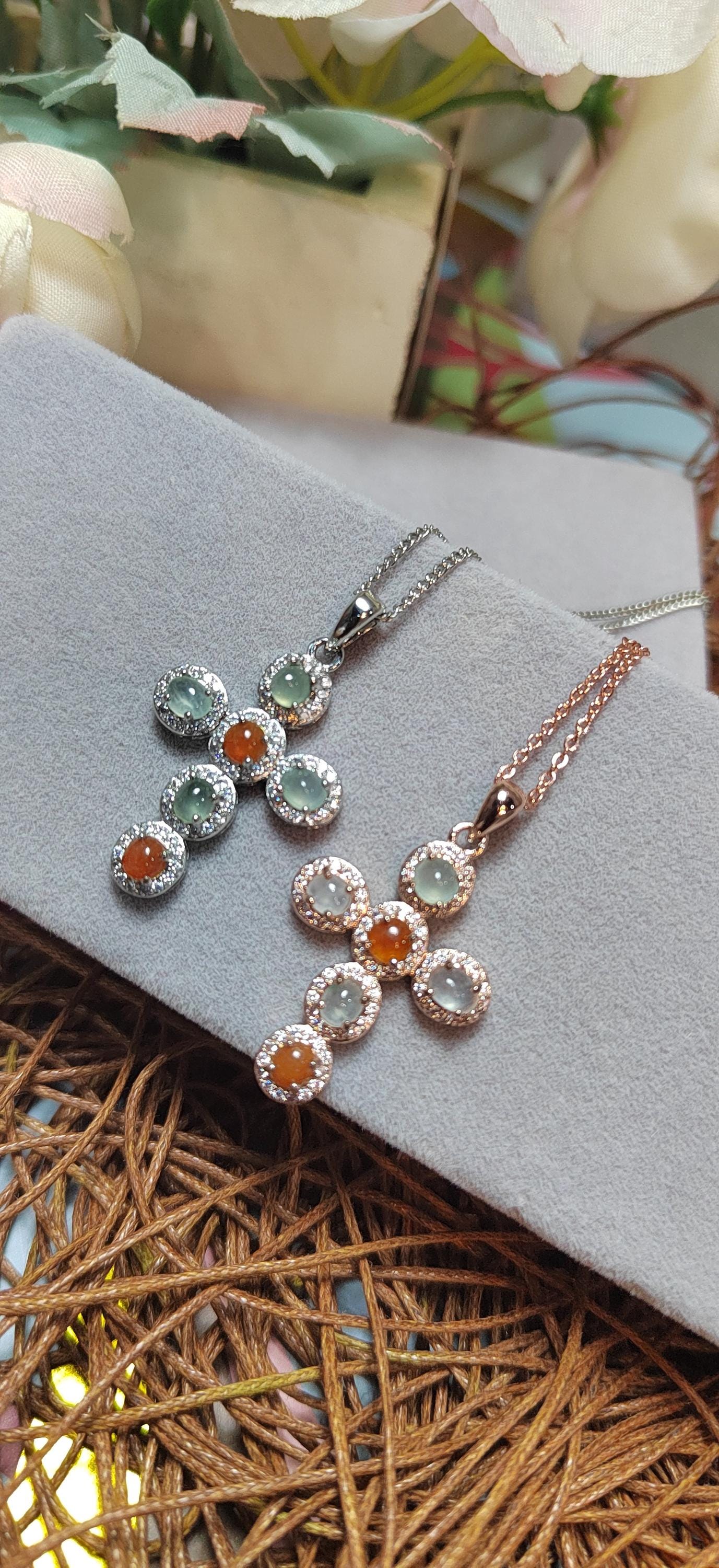 Natural Burmese Red/White Icy A Grade Jadeite Cross 925 Silver 18k Rose/White Gold Plated Zirconia Christian Cross Jewelry Set SL057 - SL Precious