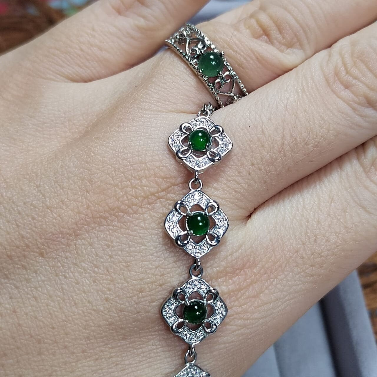 Woodland Dark Green Natural Guatemala Jadeite  Zirconia Silver Ring & Bracelet Set SL034