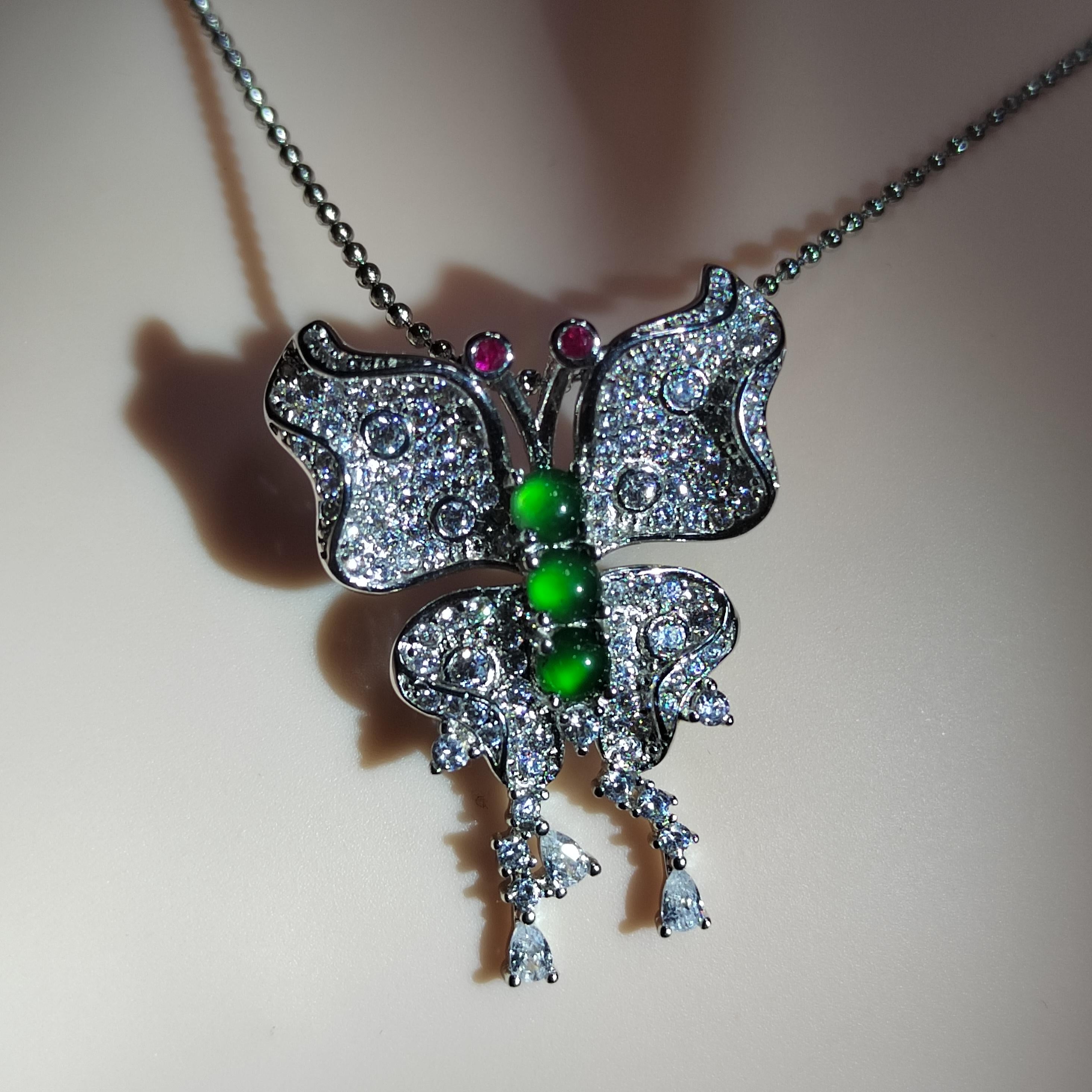 Certified A-Grade Natural Guatemala Imperial Green|Zircon| S925 Silver| Brooch/Pendant Elegant Unique Butterfly Design Jadeite SL186