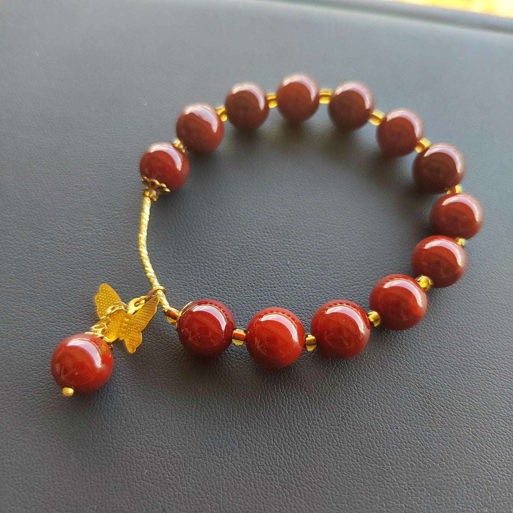 Elegant Certified Natural Ox Blood Southern Nanhong Agate 14k Plated Bead Bracelet - Gifts for Her SL324