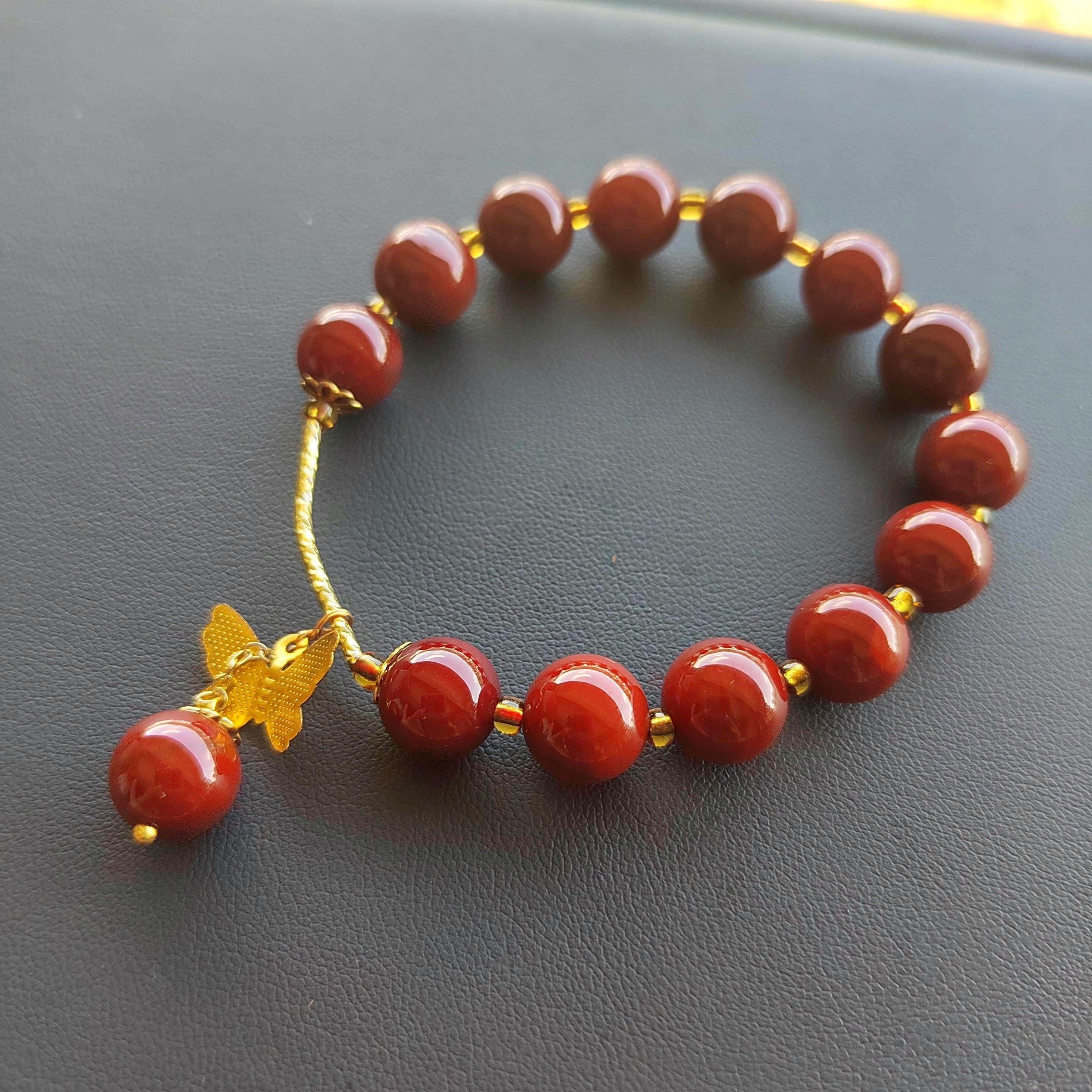 Elegant Certified Natural Ox Blood Southern Nanhong Agate 14k Plated Bead Bracelet - Gifts for Her SL324