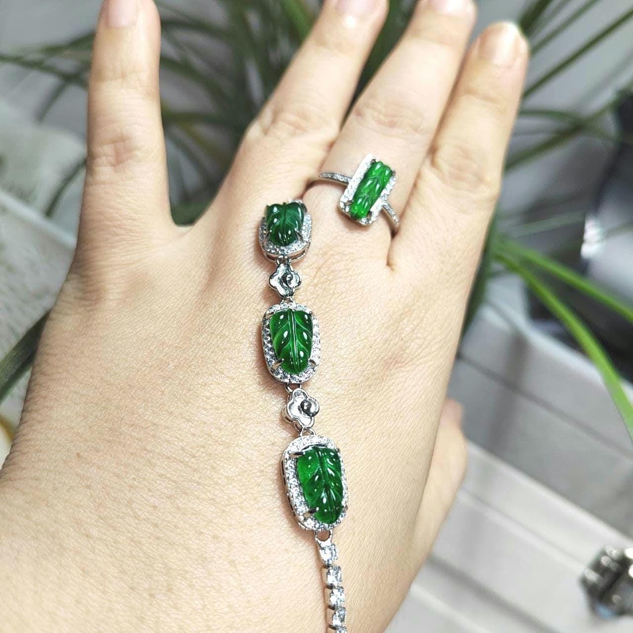 Luxury 2pcs Set A-Grade Imperial Green Guatemalan Leaf Jadeite 925 Silver Ring & Bracelet, Elegant Gift for Her SL033 - SL Precious