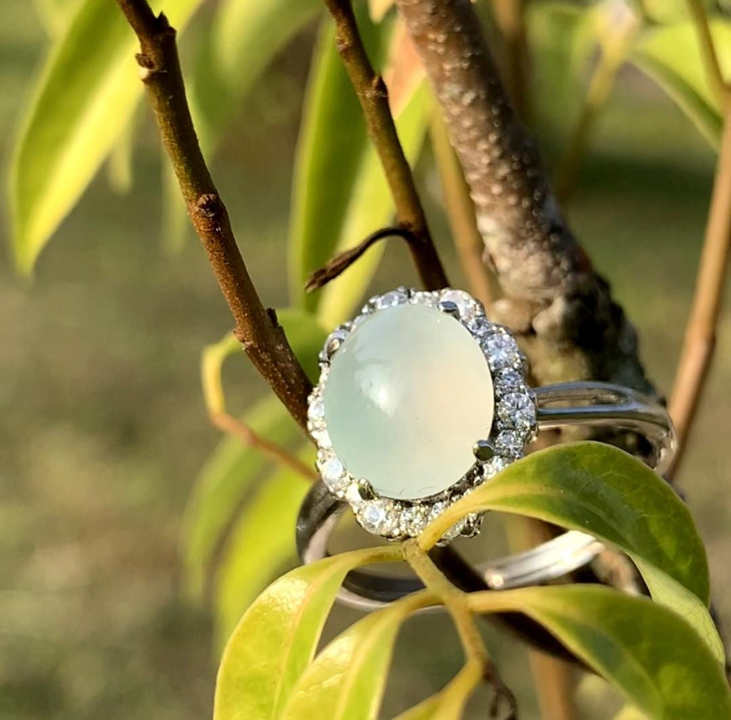Certified Elegant Natural Untreated Burmese White Icy Jadeite Zircon Set S925 Sterling Silver Ring Engagement, Wedding, Any Occasion SL249X8 - SL Precious