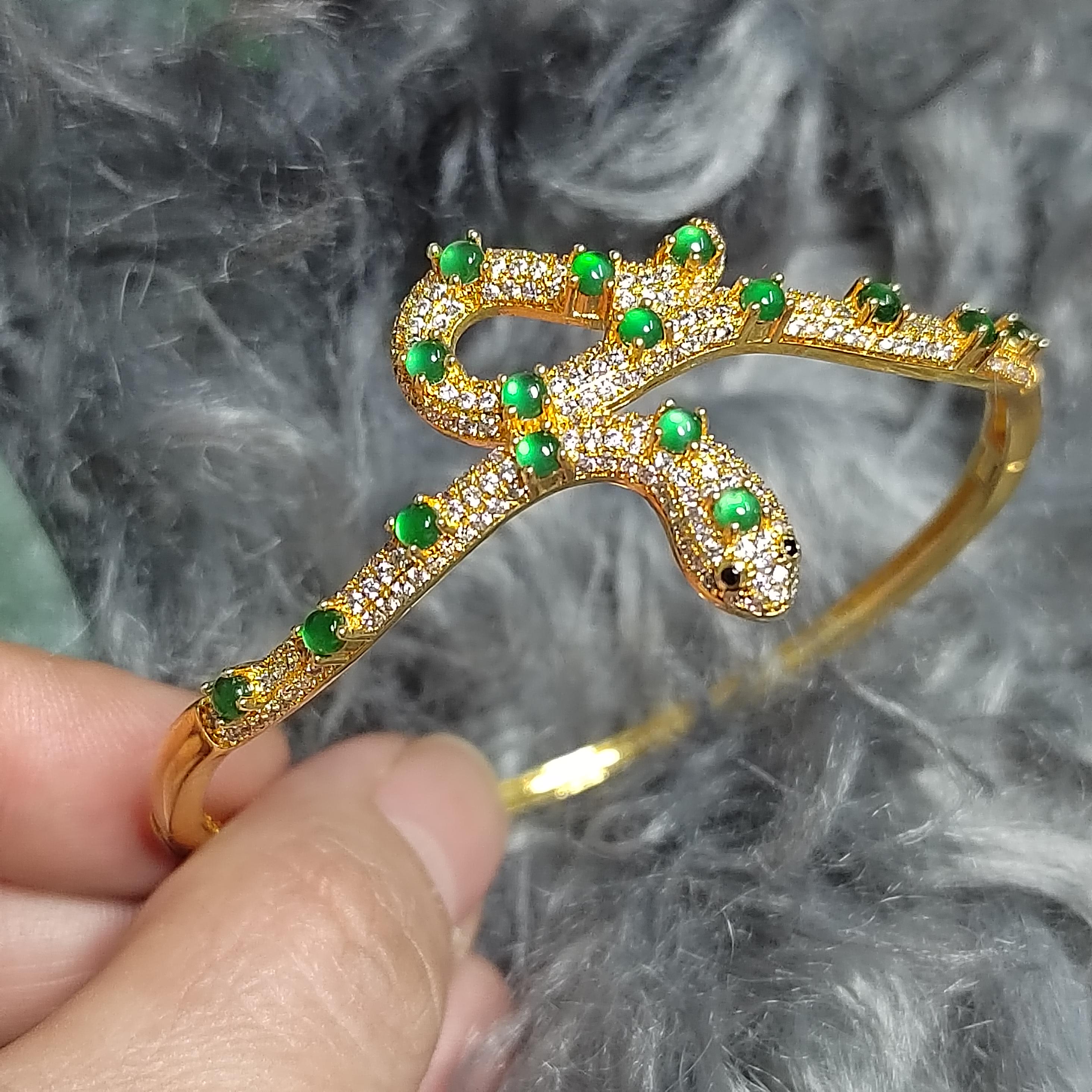 Luxury Snake Design S925 Silver Bangle | Imperial Green Jadeite | 18K Gold Plated SL065 - SL Precious