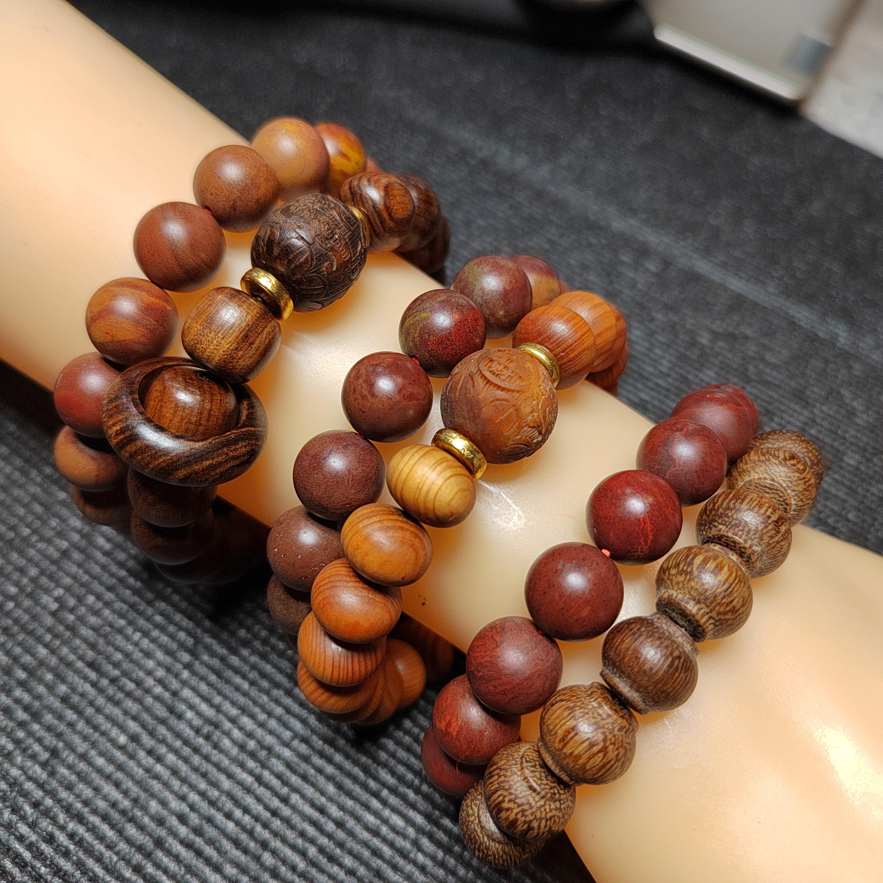 2pcs Set Unisex Natural Wood & Aromatic Bead Bracelets | Ebony Thuja with South Red Agate Accent | Handmade Gift for Him or Her SL416