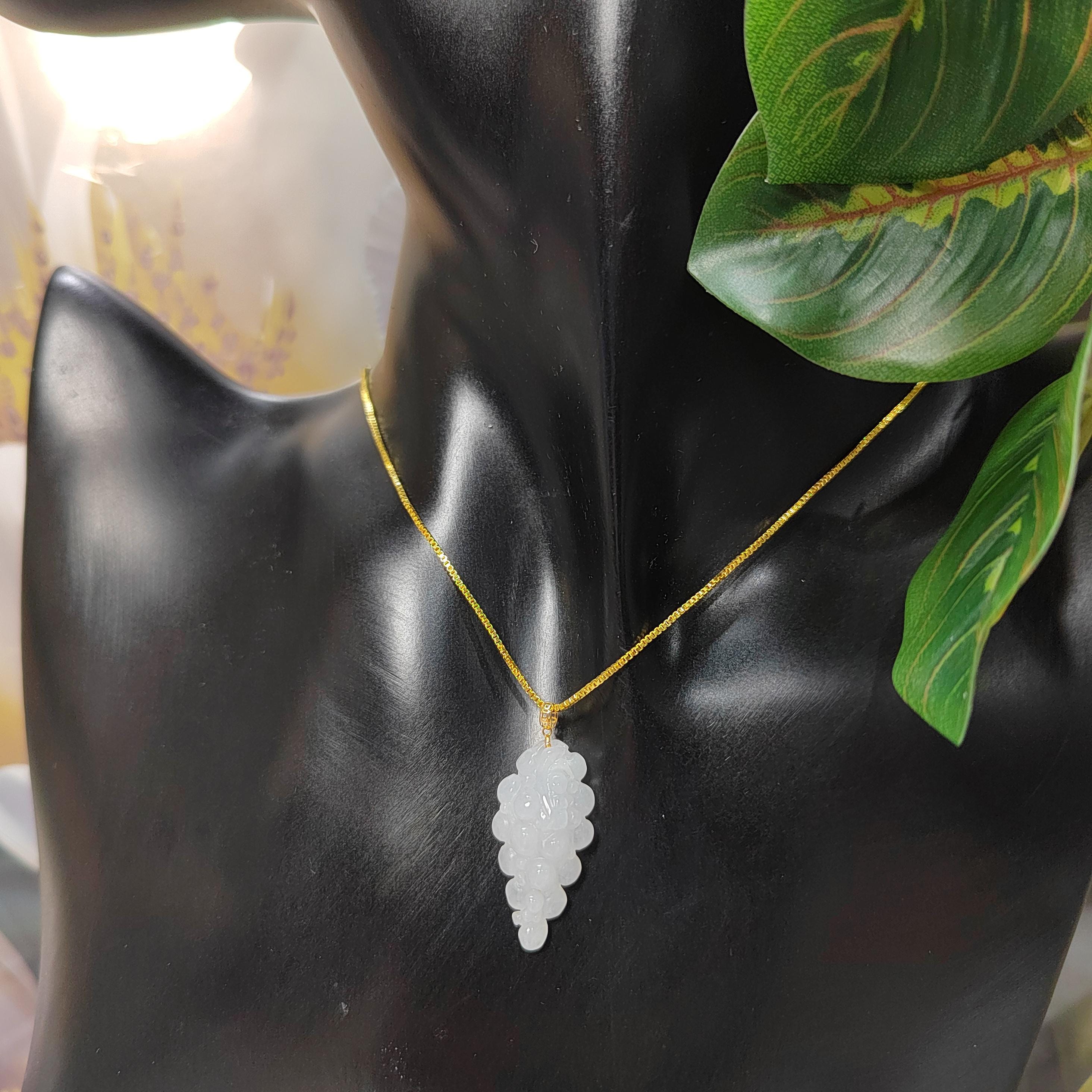 Burmese Natural A Grade White Jadeite Grapes Carved Gemstone with 18K Solid Yellow Gold Setting - Gifts for Her, SL025
