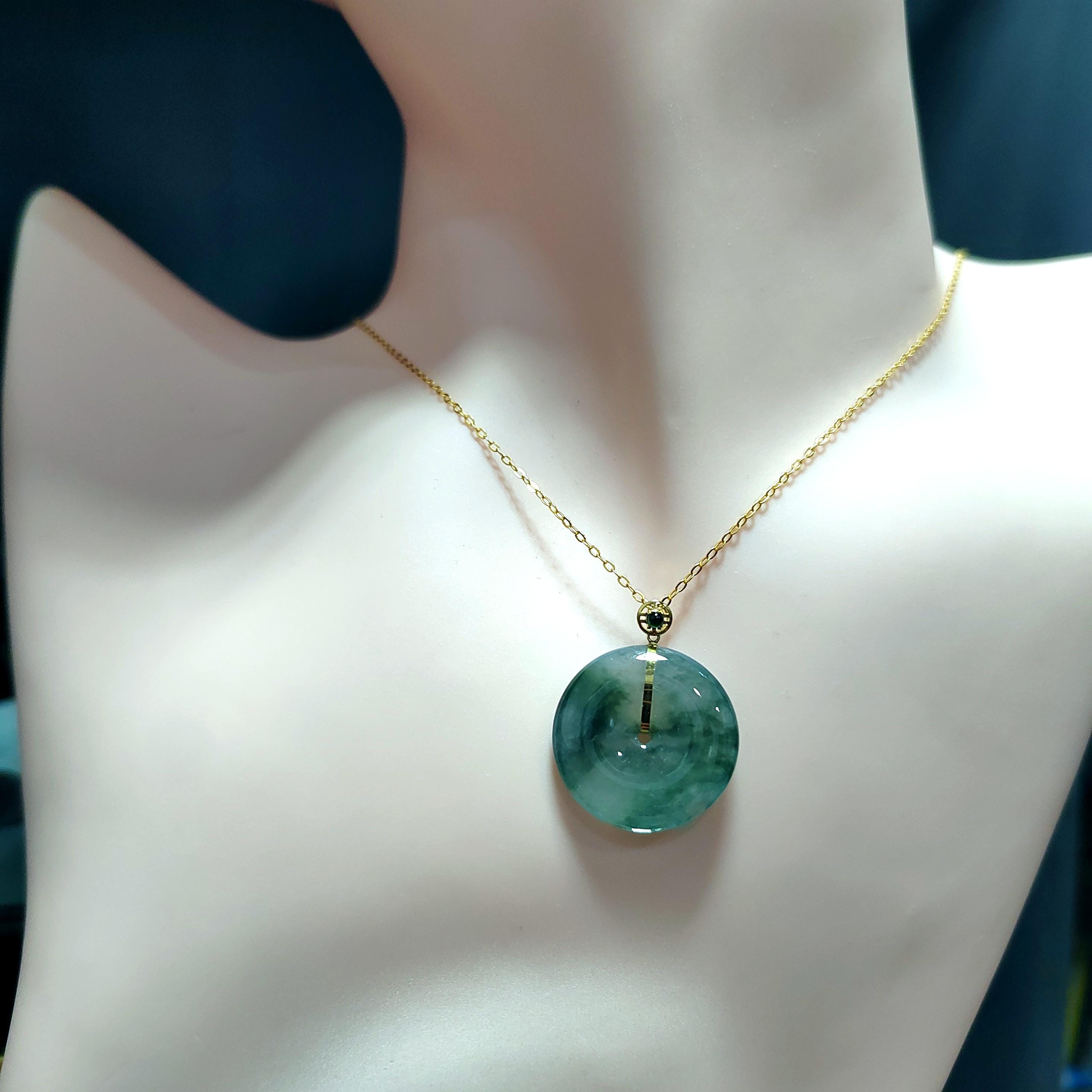 Certified A-Grade Natural Untreated Burmese Dynasty Design Icy Floral Green Donut Jadeite Pendant 冰飘花 G18K SL375