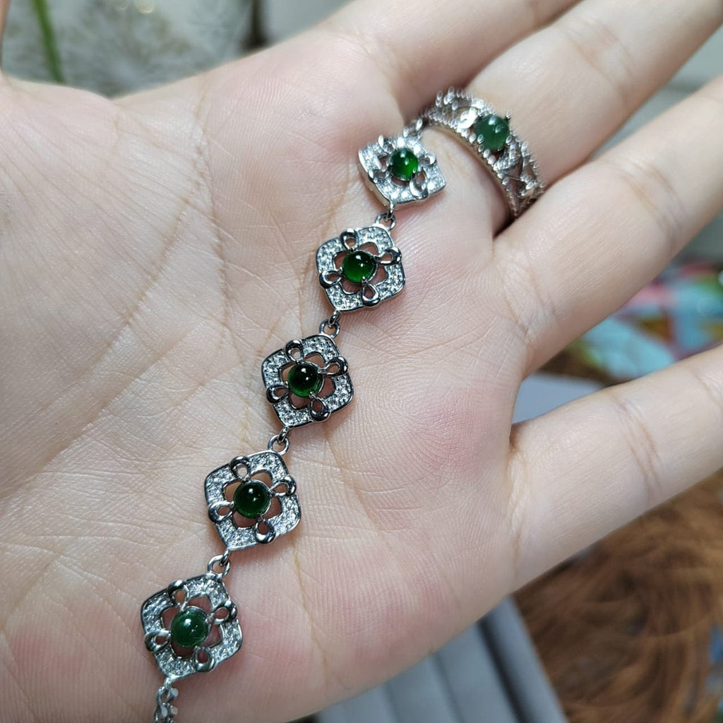 Woodland Dark Green Natural Guatemala Jadeite  Zirconia Silver Ring & Bracelet Set SL034