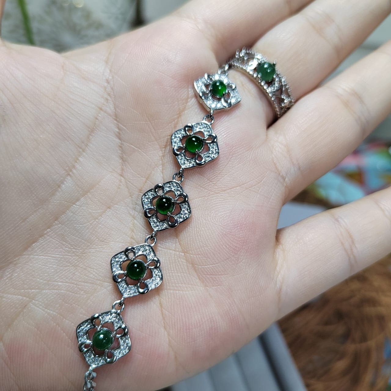 Woodland Dark Green Natural Guatemala Jadeite  Zirconia Silver Ring & Bracelet Set SL034
