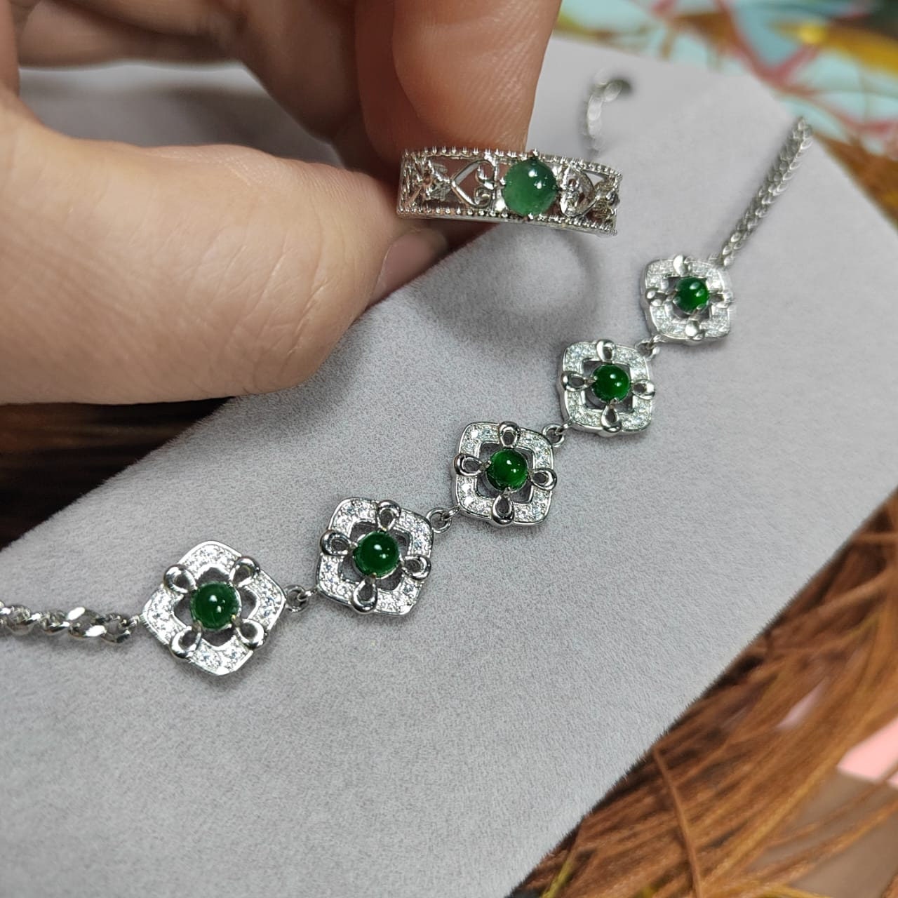 Woodland Dark Green Natural Guatemala Jadeite  Zirconia Silver Ring & Bracelet Set SL034