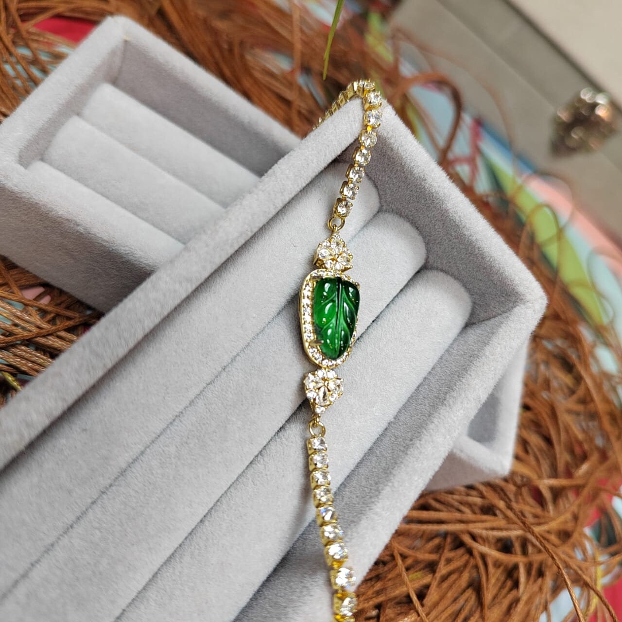 A-Grade Women Natural Gemstone Guatemala Imperial Geen Leaf Jadeite with Zircon on Gold Plated Bracelet For Her SL044