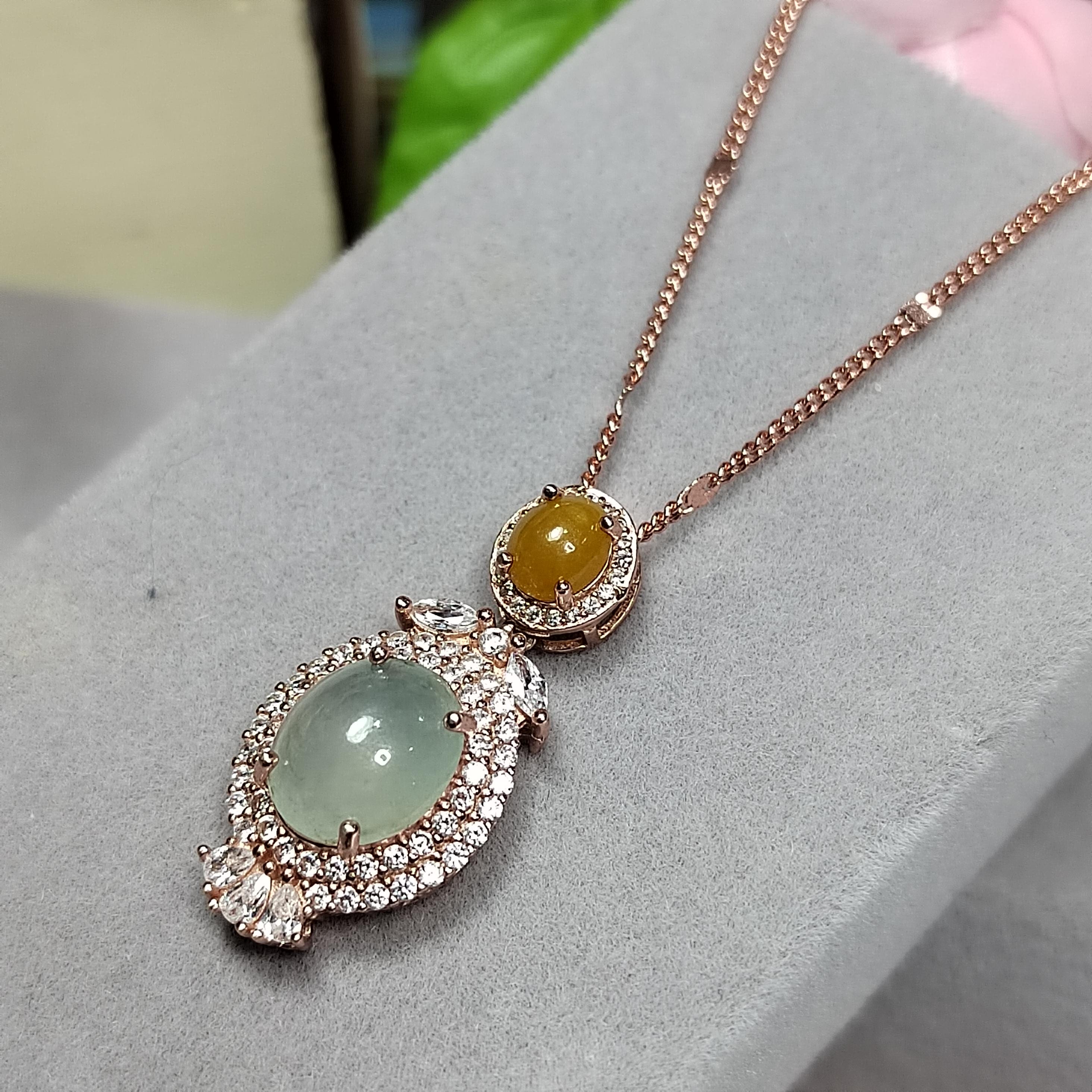 A Grade Women Natural Gemstone Untreated Burmese Yellow & Icy White Jadeite Pendant 925 Sterling Silver with 18k Rose Gold Plated SL094