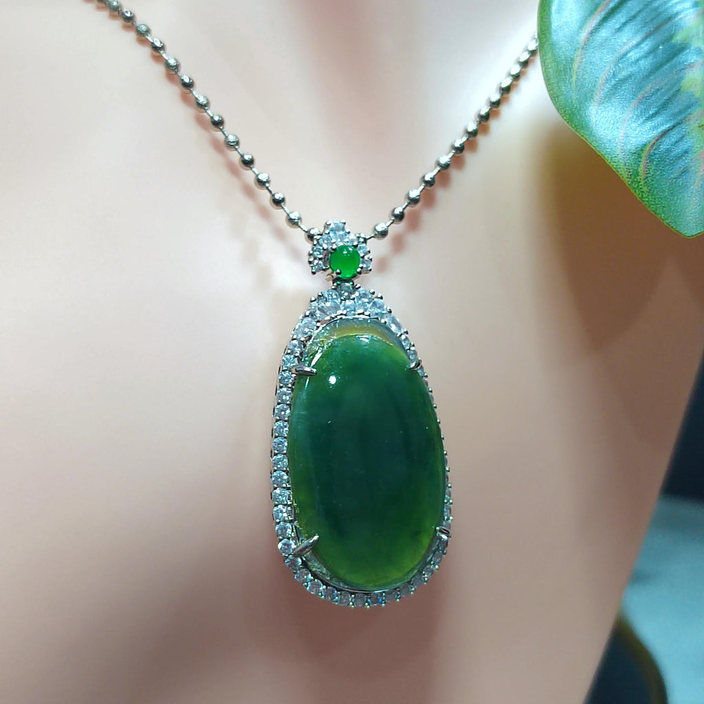 Certified Natural Burmese Necklace Dark Apple Green Jadeite with Zirconia Accents On 925 Silver Plated with 18K White Gold SL062 - SL Precious